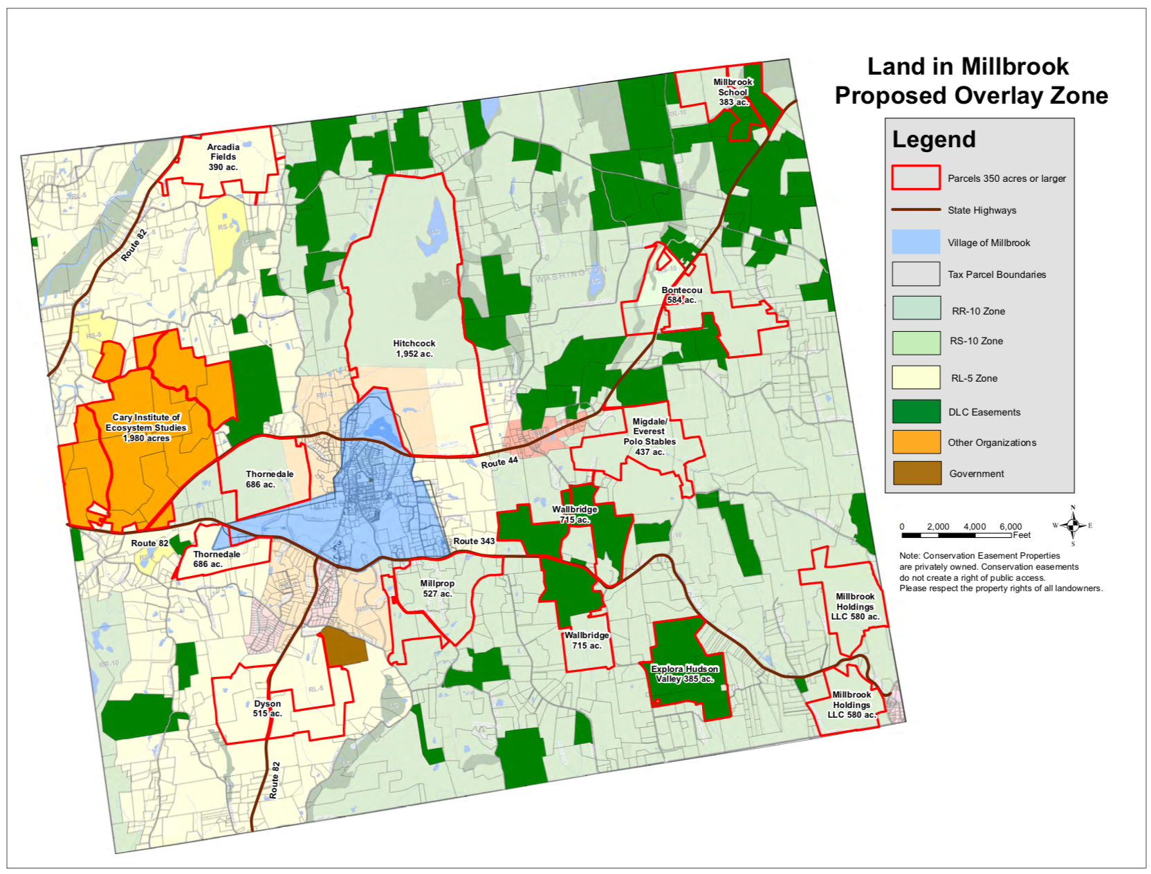 The Town of Washington zoning map highlighting the land at risk for commercial development by an overlay.