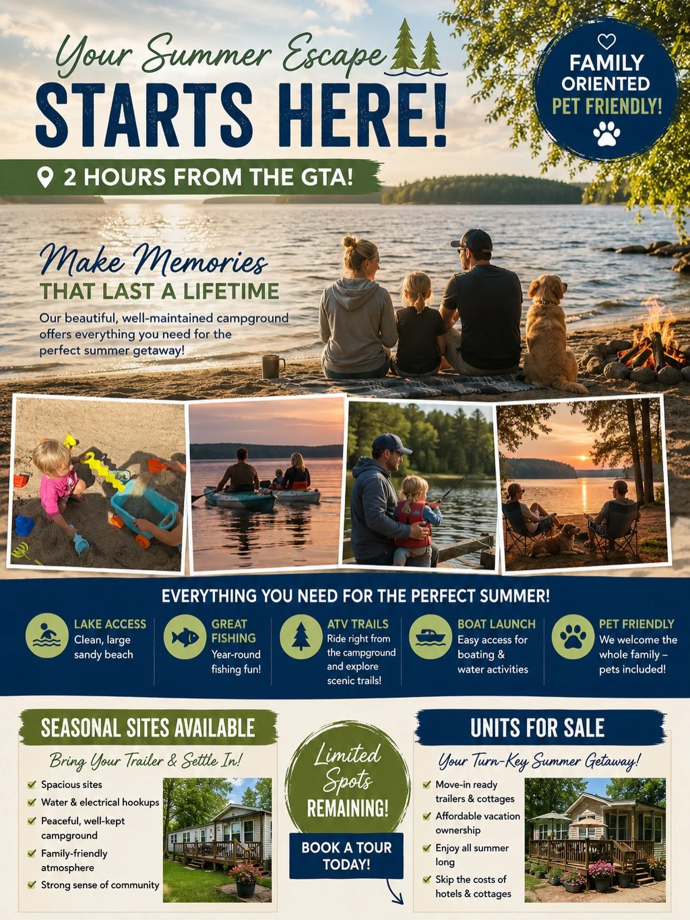 🌲☀️ YOUR SUMMER ESCAPE STARTS HERE ☀️🌲

Looking for the perfect family getaway just 2 hours from the GTA? Discover a welcoming seasonal campground where summer memories are made for a lifetime!

🏖 Clean, large sandy beach
🚤 Boat launch &amp; lake