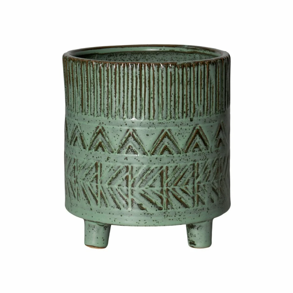 Boho Tribal Green Ceramic Planter with Tripod Stand