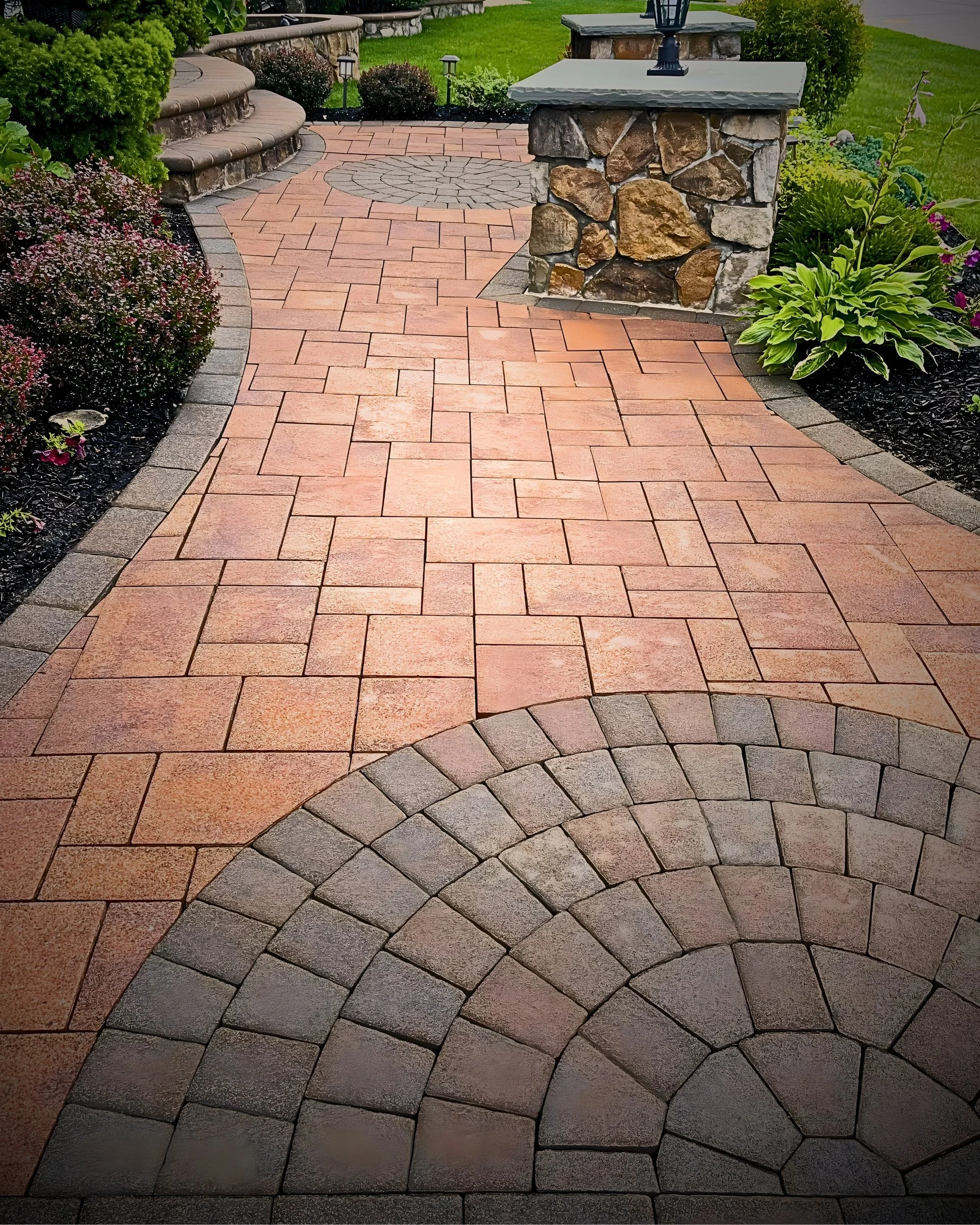 A landscaped walkway with pink and gray stone pavers, featuring a circular pattern, bordered by plants and bushes, and stone pillars with a lamp on top.