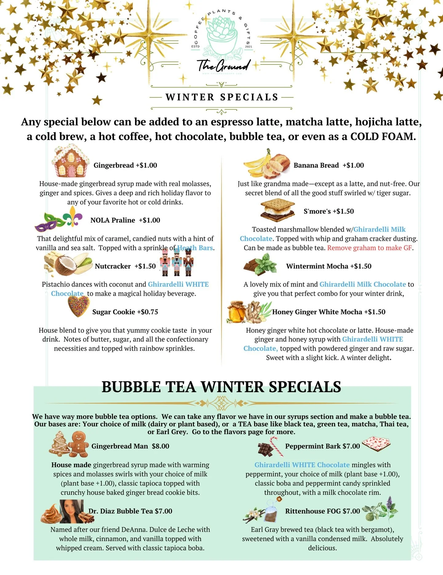 Our new Winter Menu is here!  This one means a LOT to us.
We&rsquo;ve expanded our kitchen, welcomed a new in-house baker named M, and Molly, our co-owner has fully jumped in the lead the effort bringing her passion (and her cherished family recipes)