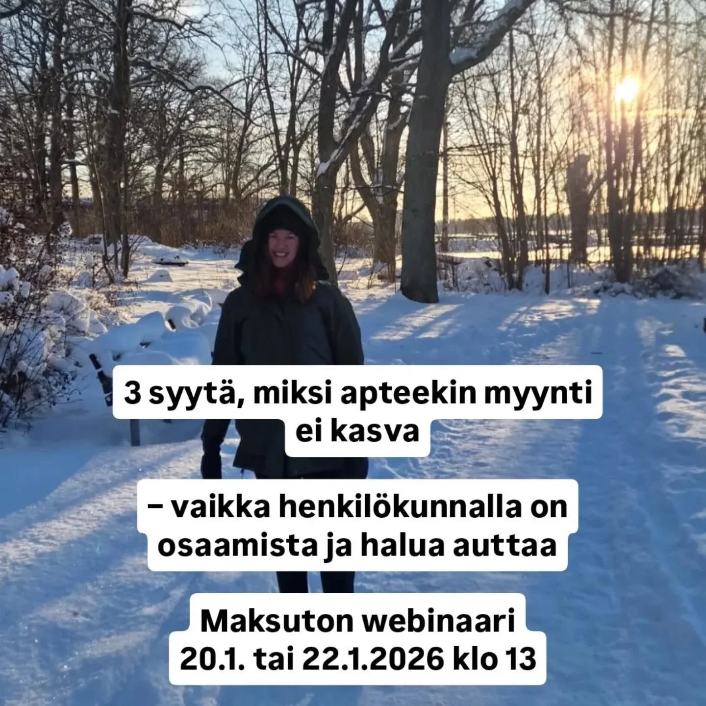 L&auml;mpim&auml;sti tervetuloa maksuttomaan webinaariin 3 syyt&auml;, miksi apteekin myynti ei kasva &ndash; vaikka henkil&ouml;kunnalla on osaamista ja halua auttaa.

Valitse sinulle sopiva ajankohta
20.1. tai 22.1.2026 klo 13.

Jos olette jo yritt