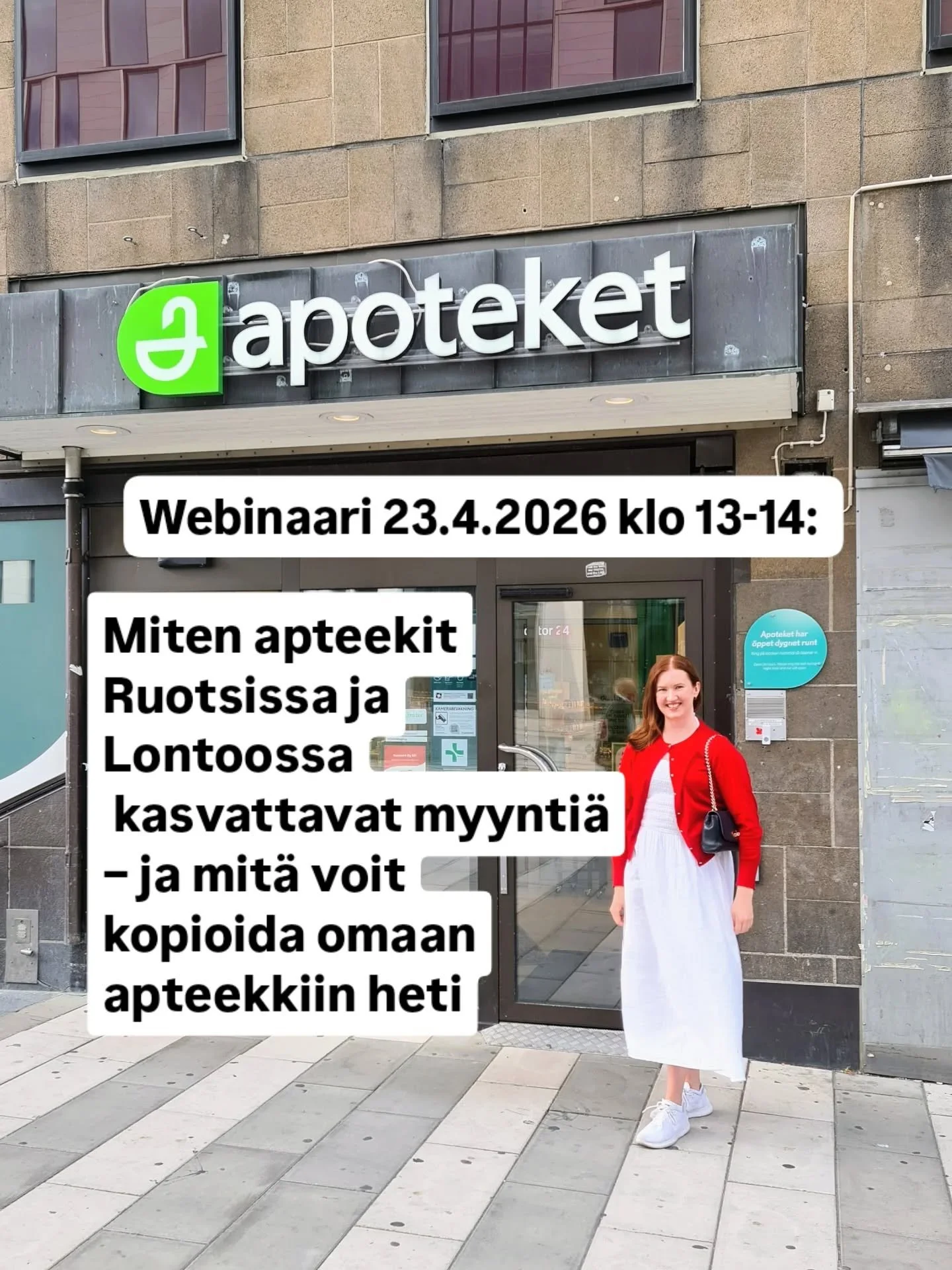 Miten apteekit Ruotsissa ja Lontoossa kasvattavat myynti&auml; &ndash; ja mit&auml; voit kopioida omaan apteekkiin heti - 23.4.2026 klo 13&ndash;14

Webinaarissa n&auml;et k&auml;yt&auml;nn&ouml;ss&auml;, miten myynti&auml; tehd&auml;&auml;n arjessa: