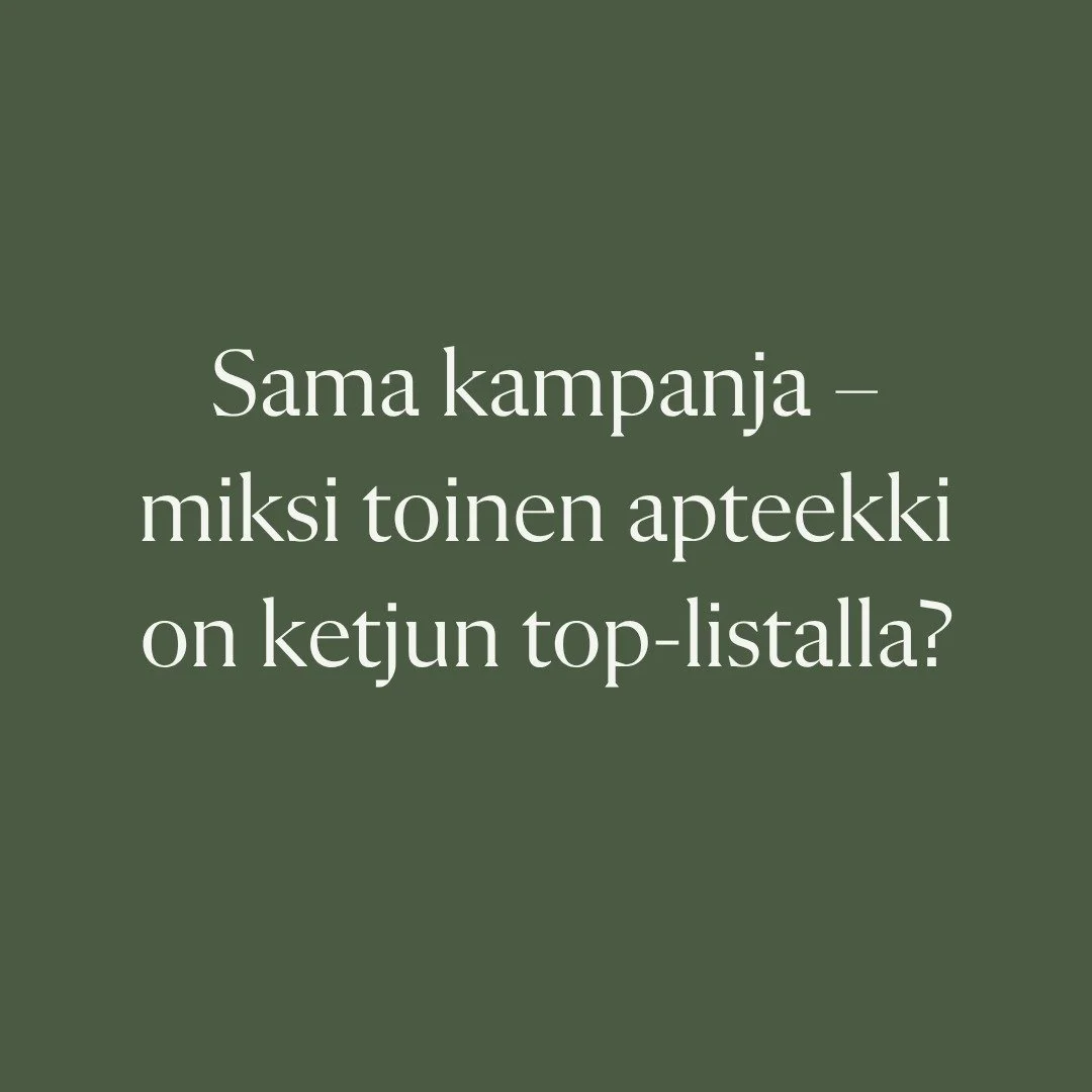Monessa apteekissa kampanjat tulevat valmiina ketjulta.

Silti tulokset vaihtelevat.

Erityisesti kes&auml;ll&auml; kun henkil&ouml;kuntaa voi olla v&auml;hemm&auml;n, kaikkea ei ehdi sanoa, jolloin se mit&auml; asiakas n&auml;kee itse, korostuu enti