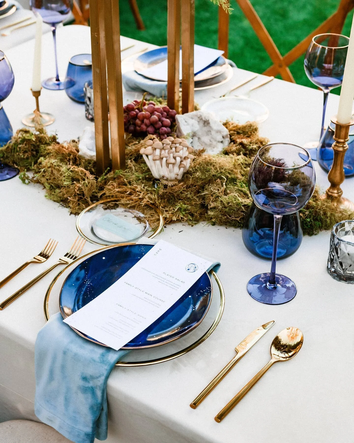 "Make it simple, but significant" Don Draper
.
.
Sometimes when a client has a theme in mind, the design unnecessarily goes over the top to ensure the theme is brought to life. However, when the design is intentional a theme will be felt with even the smallest details. For our A MidSummer's Night Dream dinner party, @offerings.co added beautifully curated  table moments including mini mushrooms, quail eggs, concord grapes, figs and agate crystals. The result was pretty magical. 
.
.

Planning &amp; Design: @c.c.monroedesign 
Florals: @offerings.co 
Stationery: @letterandink 
Linen: @latavolalinen 
Tabletop Rentals: @borrowedblu
Rentals: @3littlebirdseventplanning
Signage and Acrylic Details: @creativeamme 
Photographer: @karacoleen
.
.
.
#alfrescodining #allinthedetails #tablescape #eventstyling #eventdesign #everydayibt #weddinginspo #Amidsummersnightdream