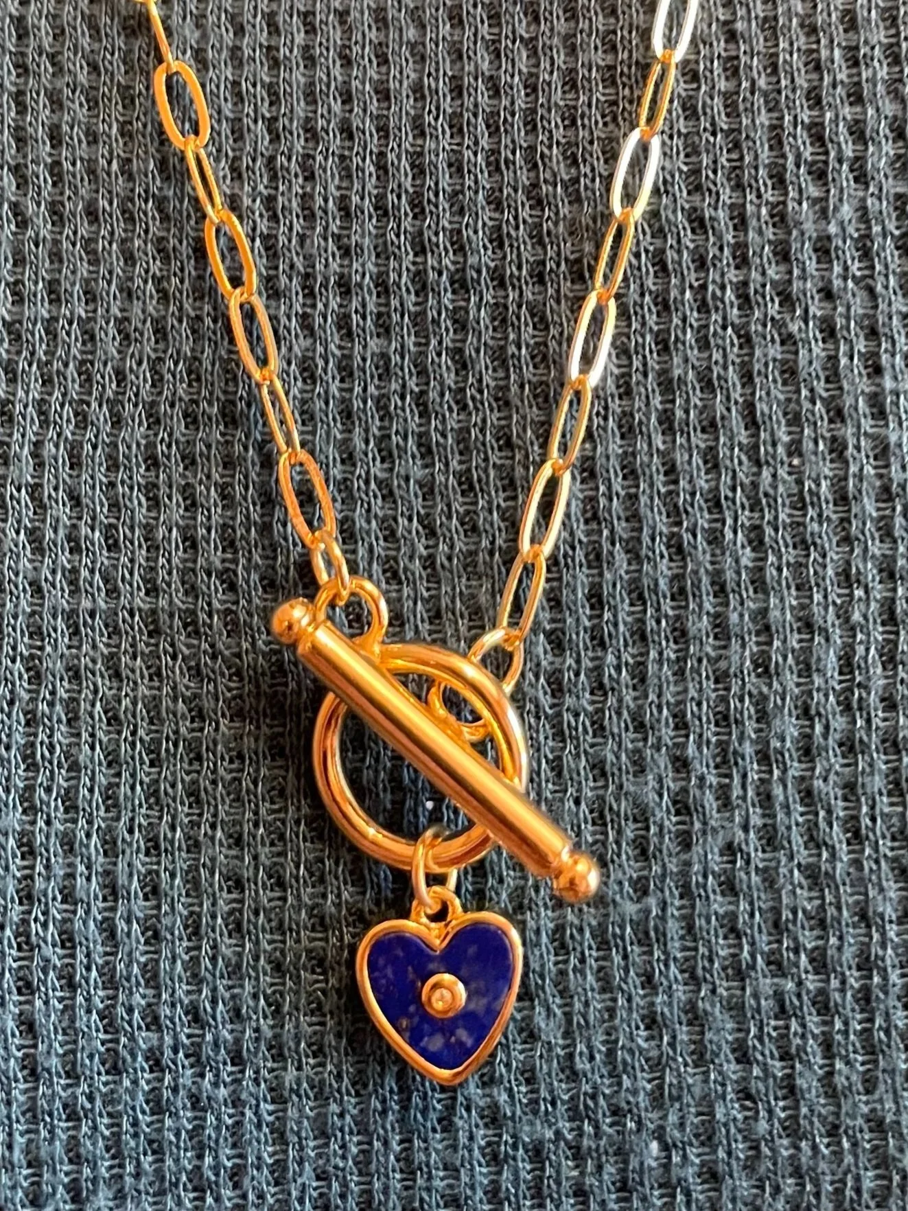 TOTEM Gold Toggle, Lapis CZ Heart Charm & Small Paperclip Chain 