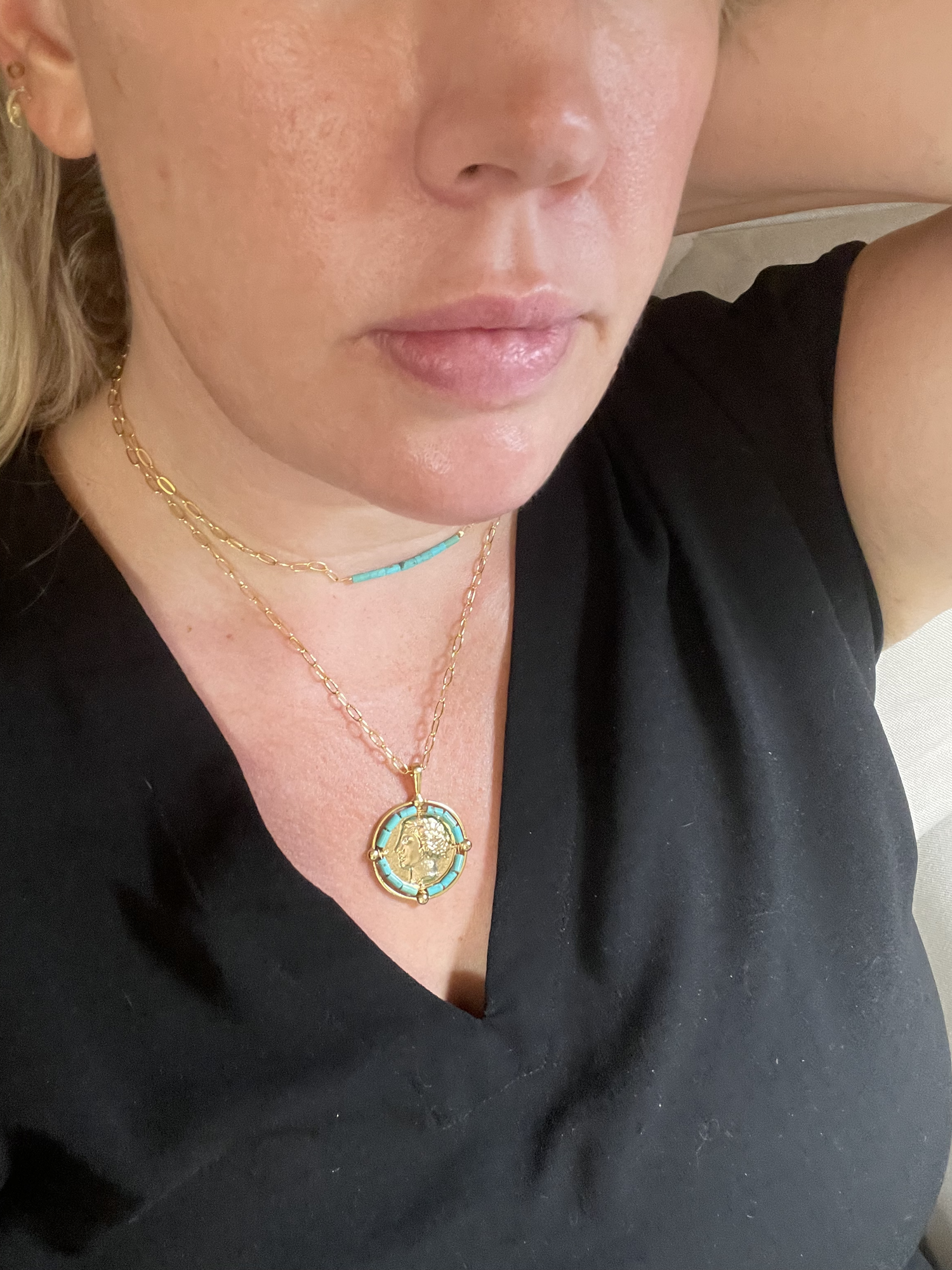 Gold Coin with Turquoise on Small Paperclip Chain — TOTEM by afton