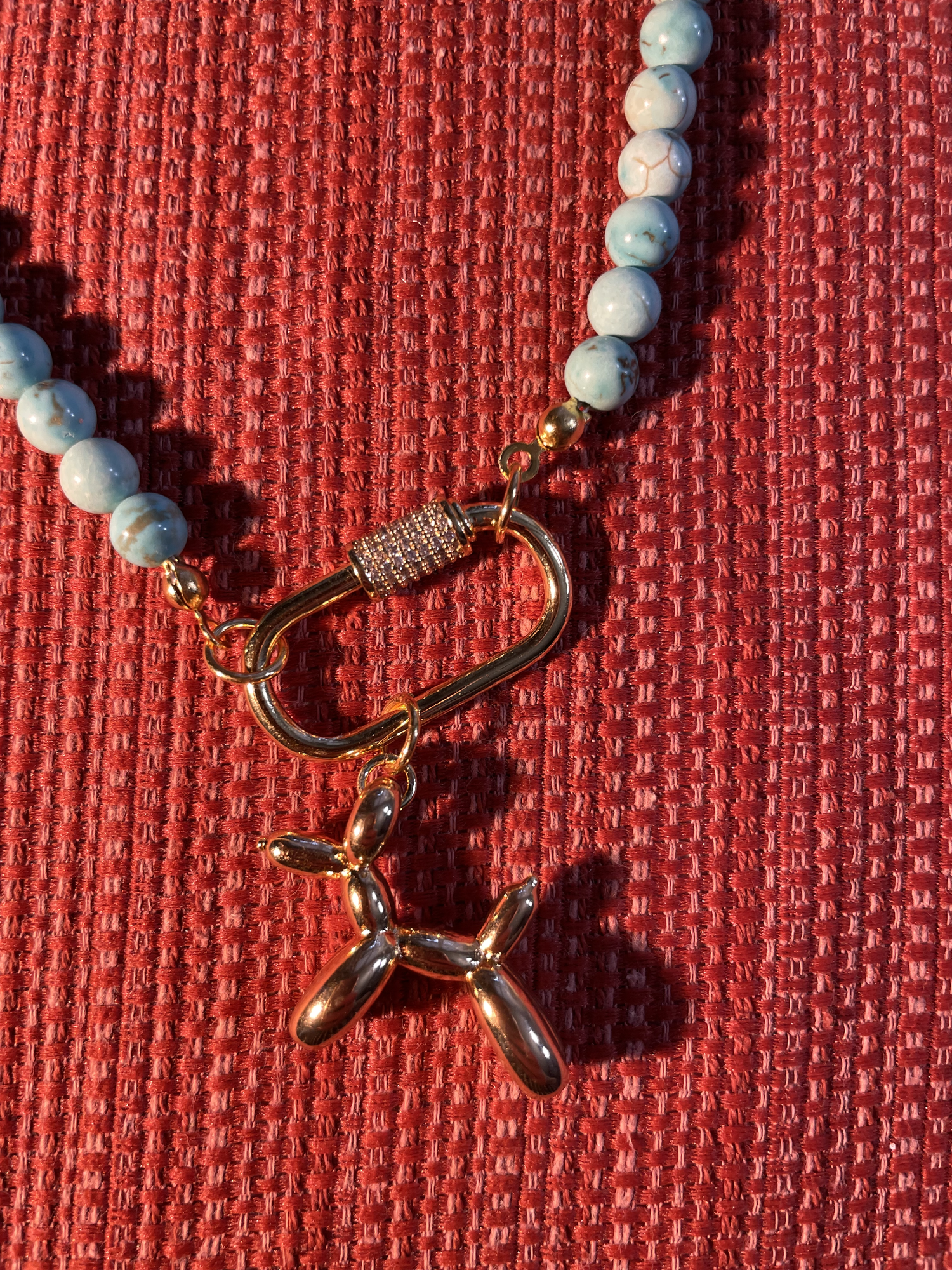 Turquoise Necklace with Gold Pave Carabiner and Balloon Dog