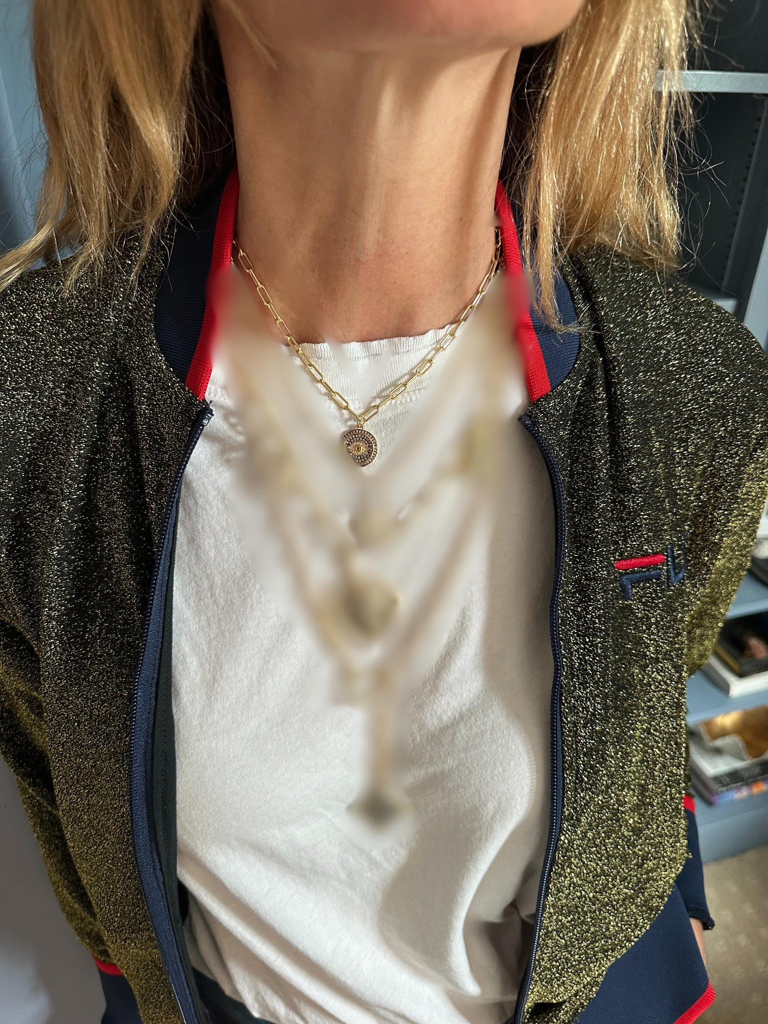 Neutral Pavè Evil Eye Necklace on Small Gold Paperclip Chain 