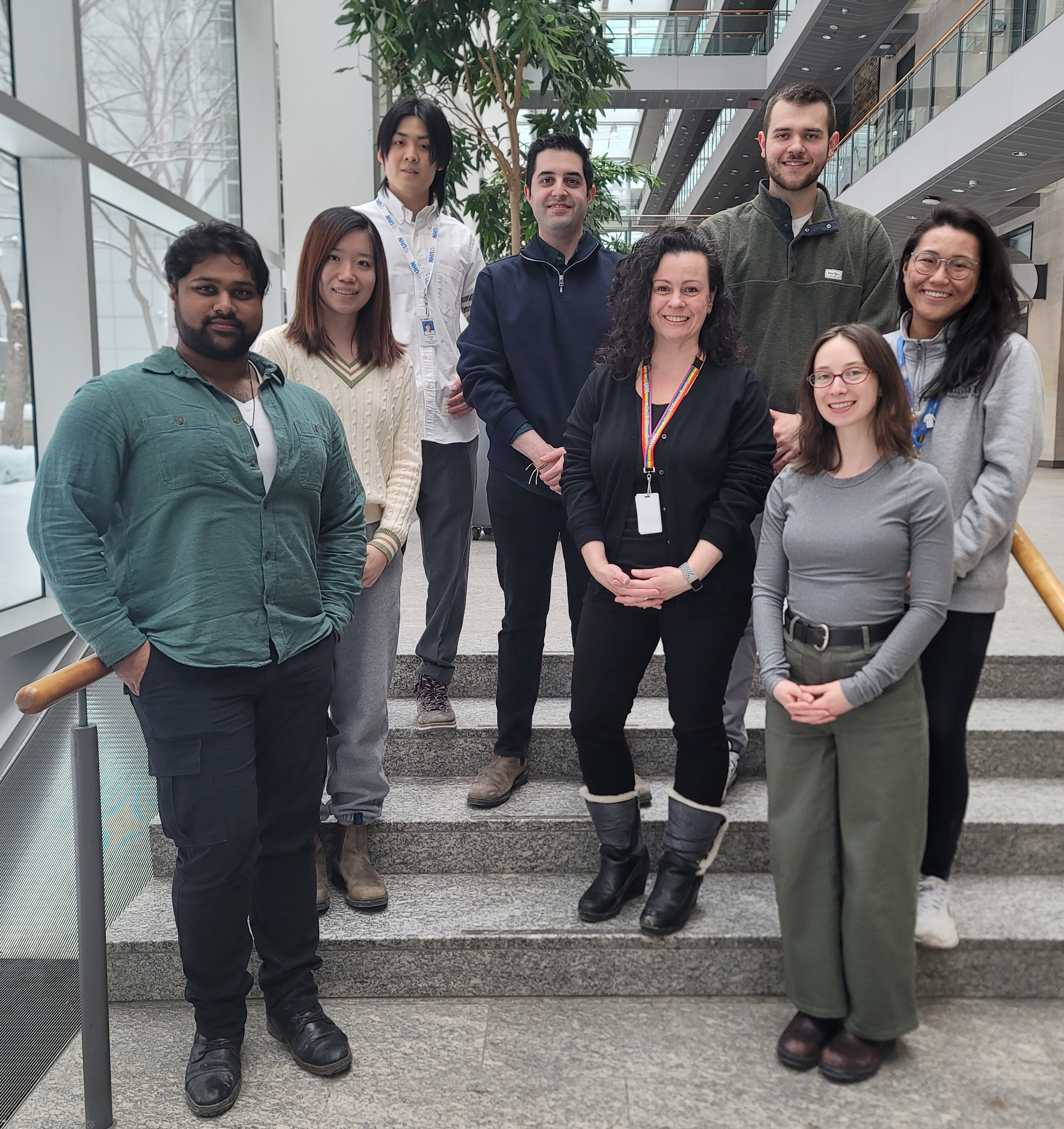 Rink Lab: From left to right - Rohith Kaiyum, Ruiyan Ni, Ryan Yan, Soroush Ghomashchi, Alexandra Rink, Caleb Thompson, Madeline Rapley, and Rachel L. Shum