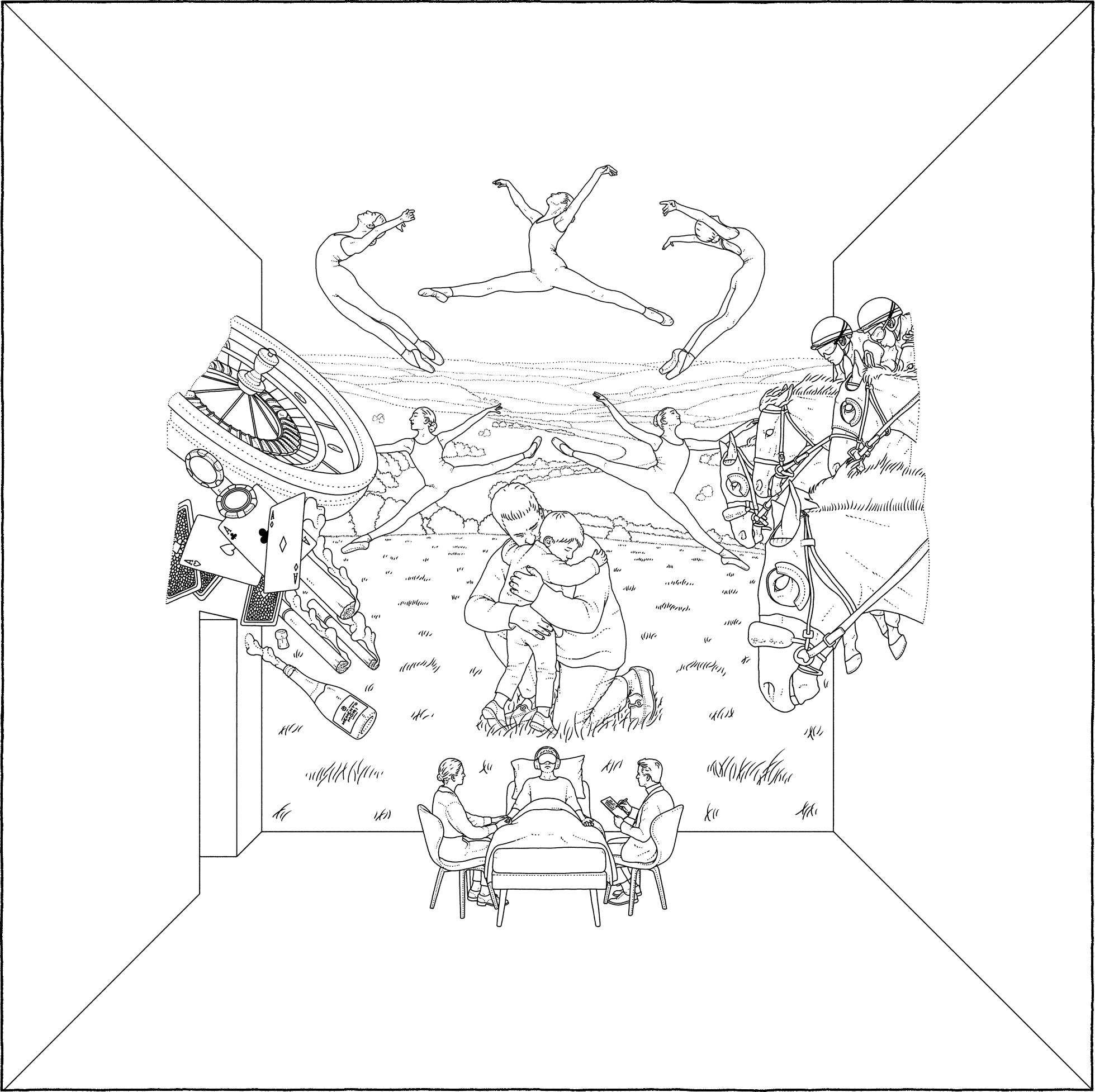 Outline of a mural on a wall depicting various scenes, including ballet dancers, cyclists, a couple hugging, and people sitting at a table, viewed from inside a room.