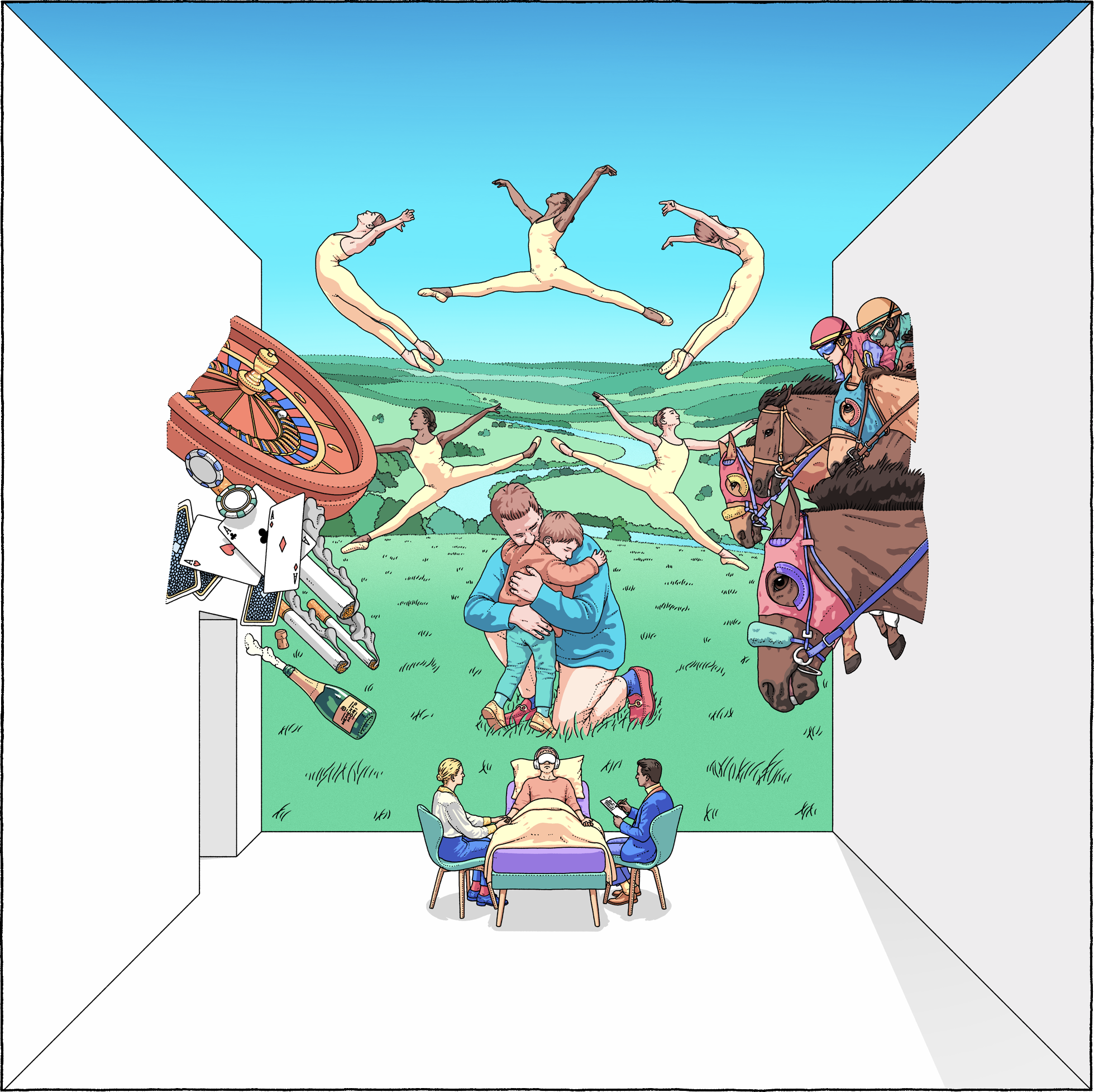 An illustrated scene depicting a bedroom with a mural covering the back wall. The mural shows a grassy field with several figures of women performing ballet, some on the ground and others in mid-air, as well as horse racers wearing colorful helmets. In the foreground, two people are sitting at a table, watching a person lying in bed with two others sitting beside them. Various objects like playing cards, a watch, a bottle, and a jewelry box are scattered on the side table.