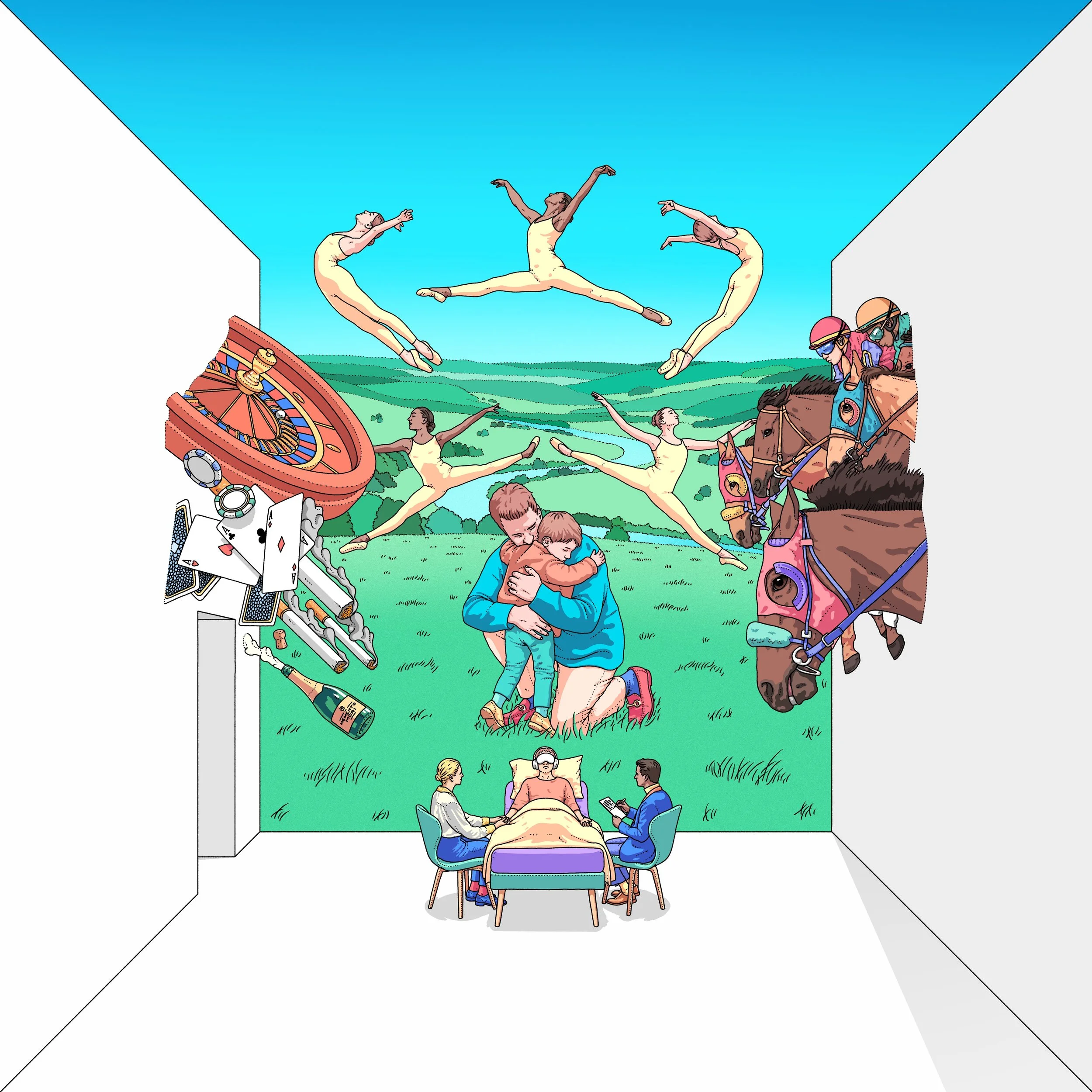 An interior room with a mural illustrating a variety of scenes, including a person receiving medical care, people horseback riding, a group of dancers performing, and various objects like playing cards, poker chips, and a champagne bottle.