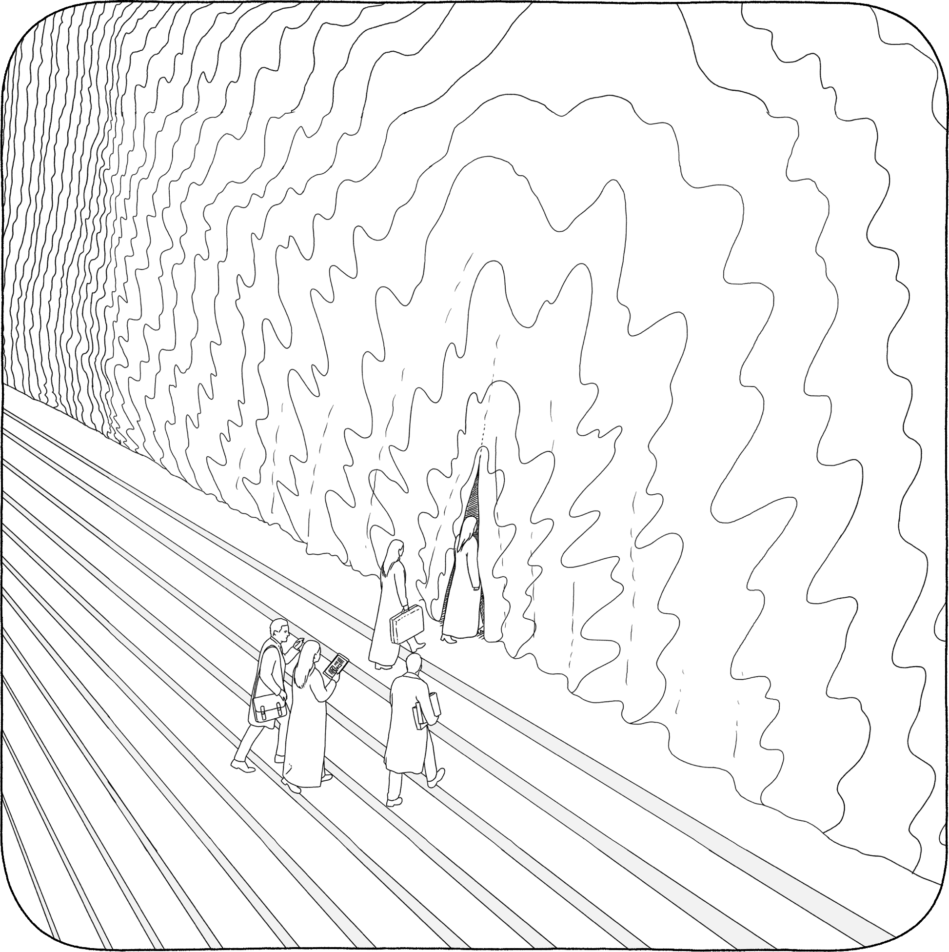 Line drawing of a scene in a tunnel with walls and ceiling made of jagged rock. Four people are walking along the sidewalk; one woman is entering a door in the tunnel wall, while the others are walking and reading a brochure or map.