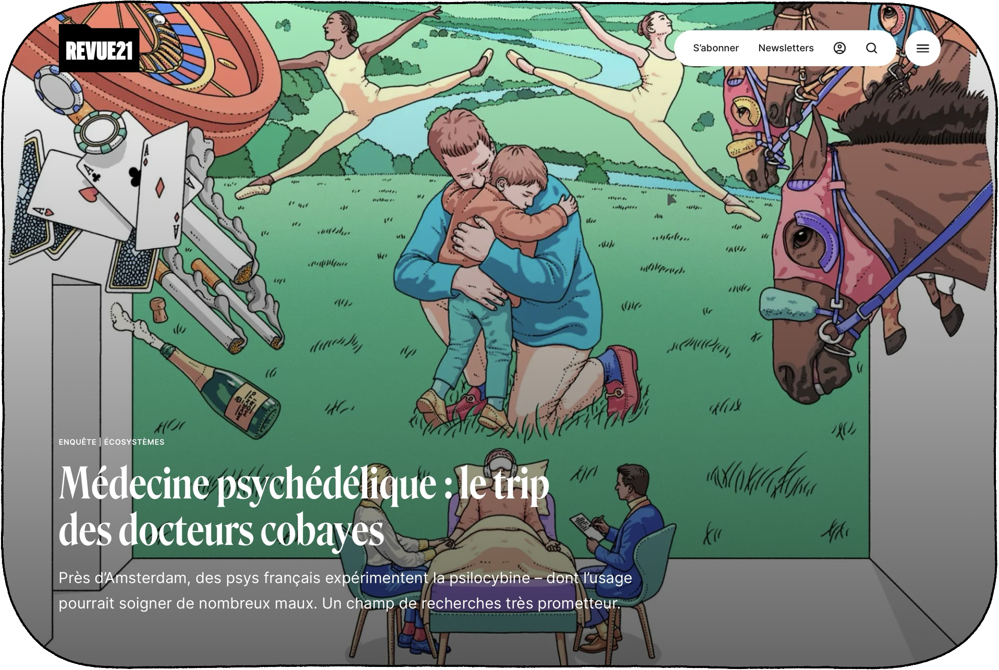 A colorful illustration featuring a surreal scene with people, animals, and objects. There are two ballet dancers performing, a dog with a harness, a person with a tablet, and a person in a mental health setting with a doctor. Various items such as playing cards, a cigarette, champagne bottle, and a large audio device are scattered across the scene.