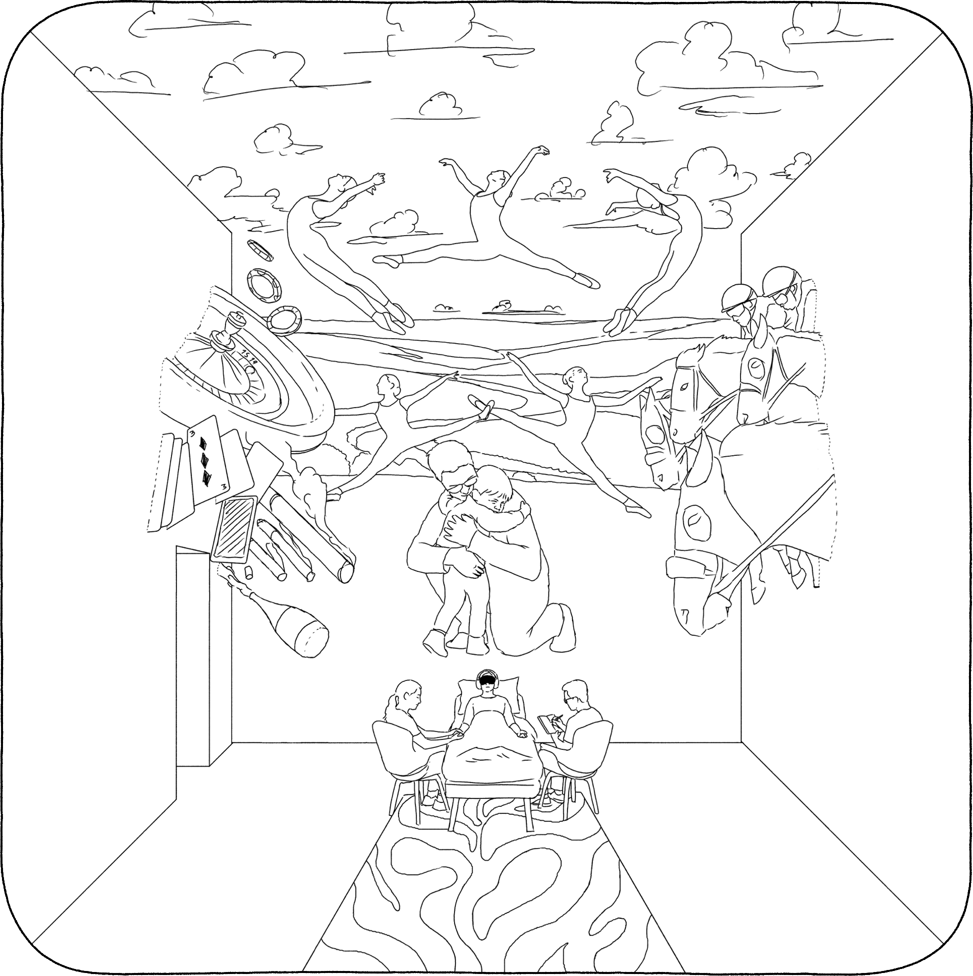 Black and white line drawing of a room with a vivid mural on the walls and ceiling featuring dancers, soldiers on horseback, and a man hugging a woman, with patients and medical staff in the room.