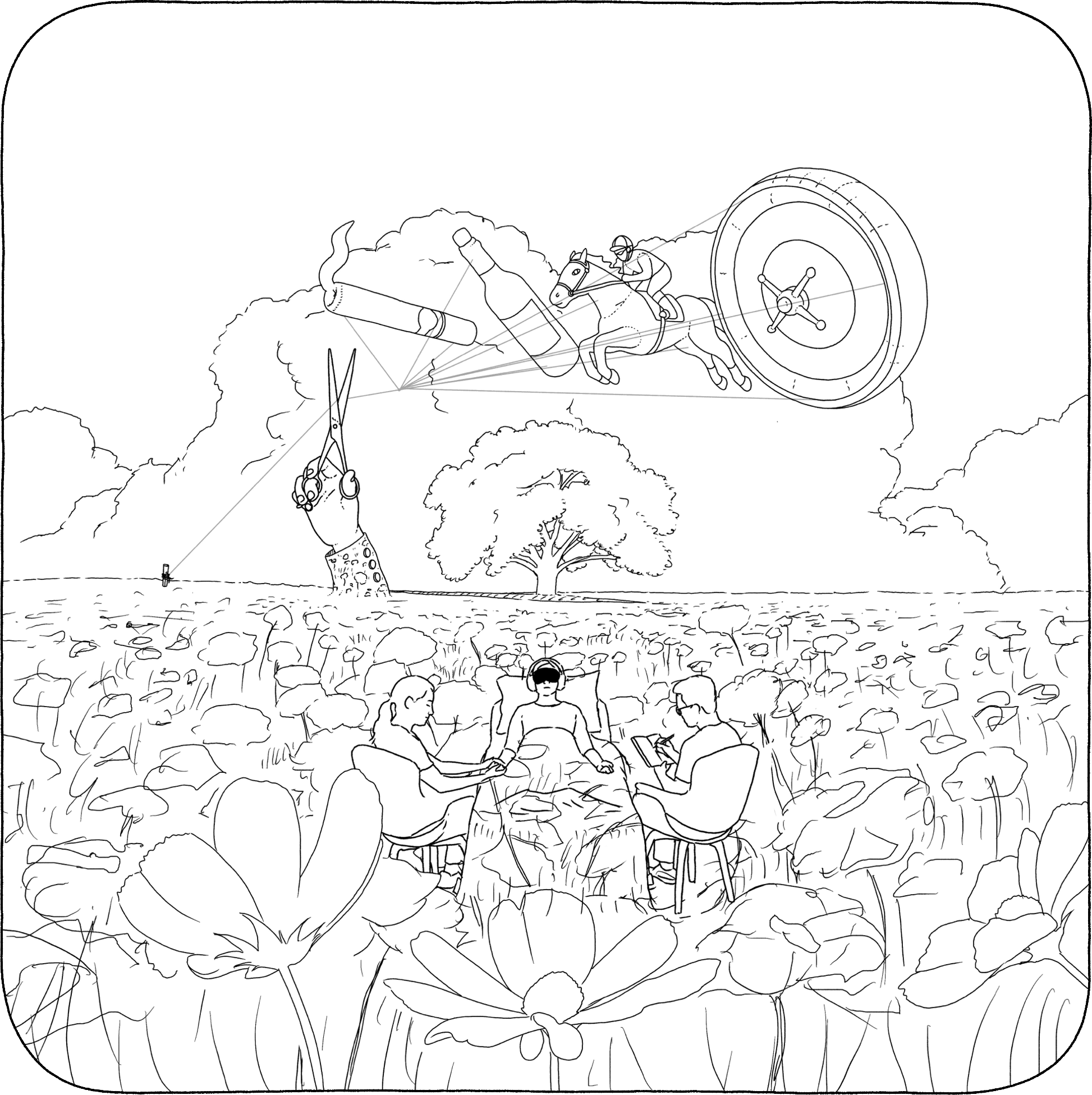 A line drawing of three people sitting in a field of flowers, with large trees in the background. Floating above them is a surreal scene of a large hand holding scissors, a horse jumping through a ring, and a giant bottle and cigarette flying in the air.