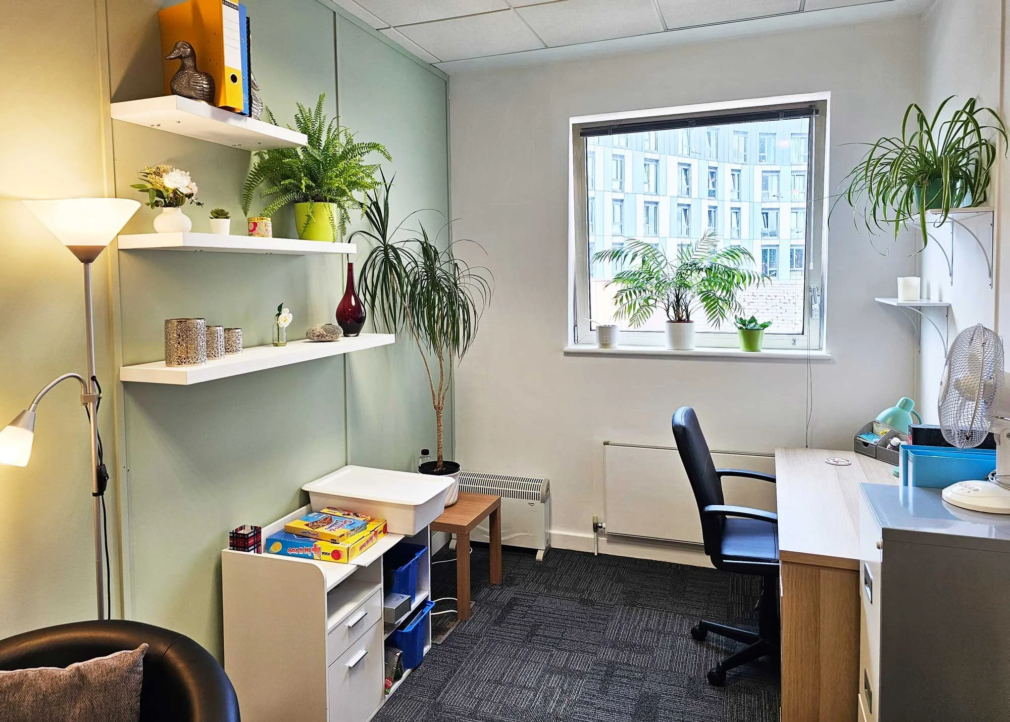 Therapy room at Evergreen Psychotherapy clinic, Redhill, Surrey