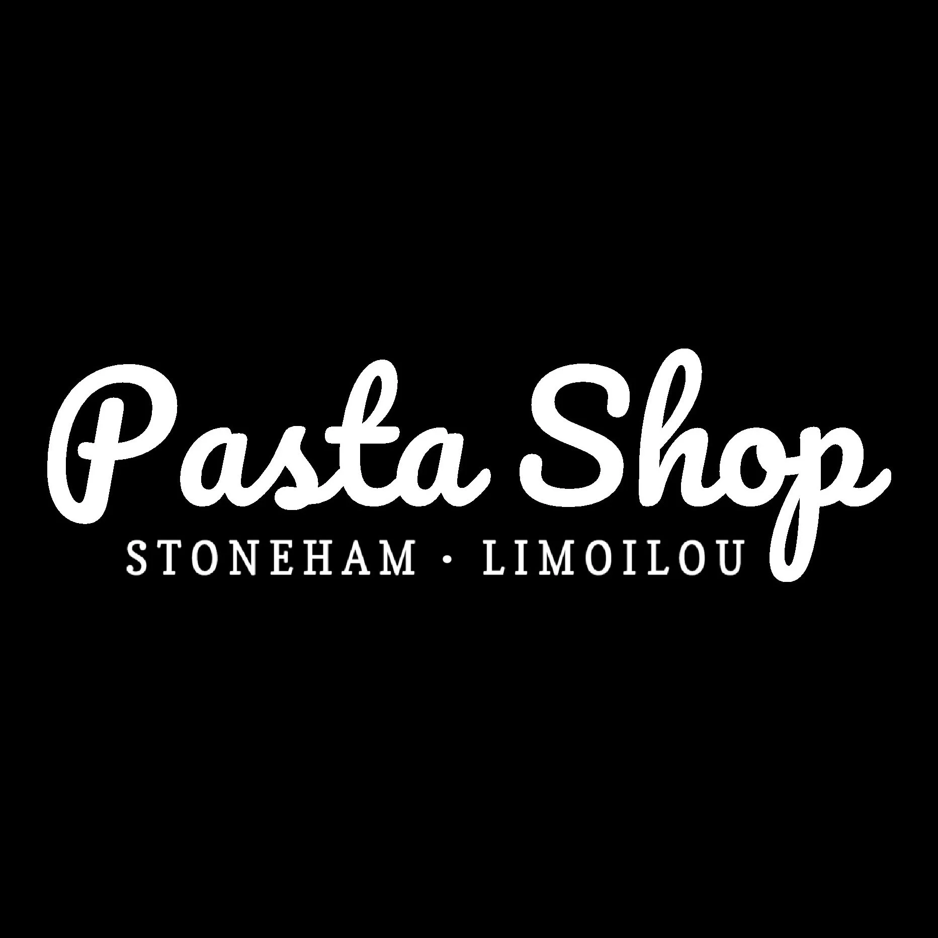 Logo du magasin Pasta Shop à Stoneham, avec texte blanc sur fond noir.