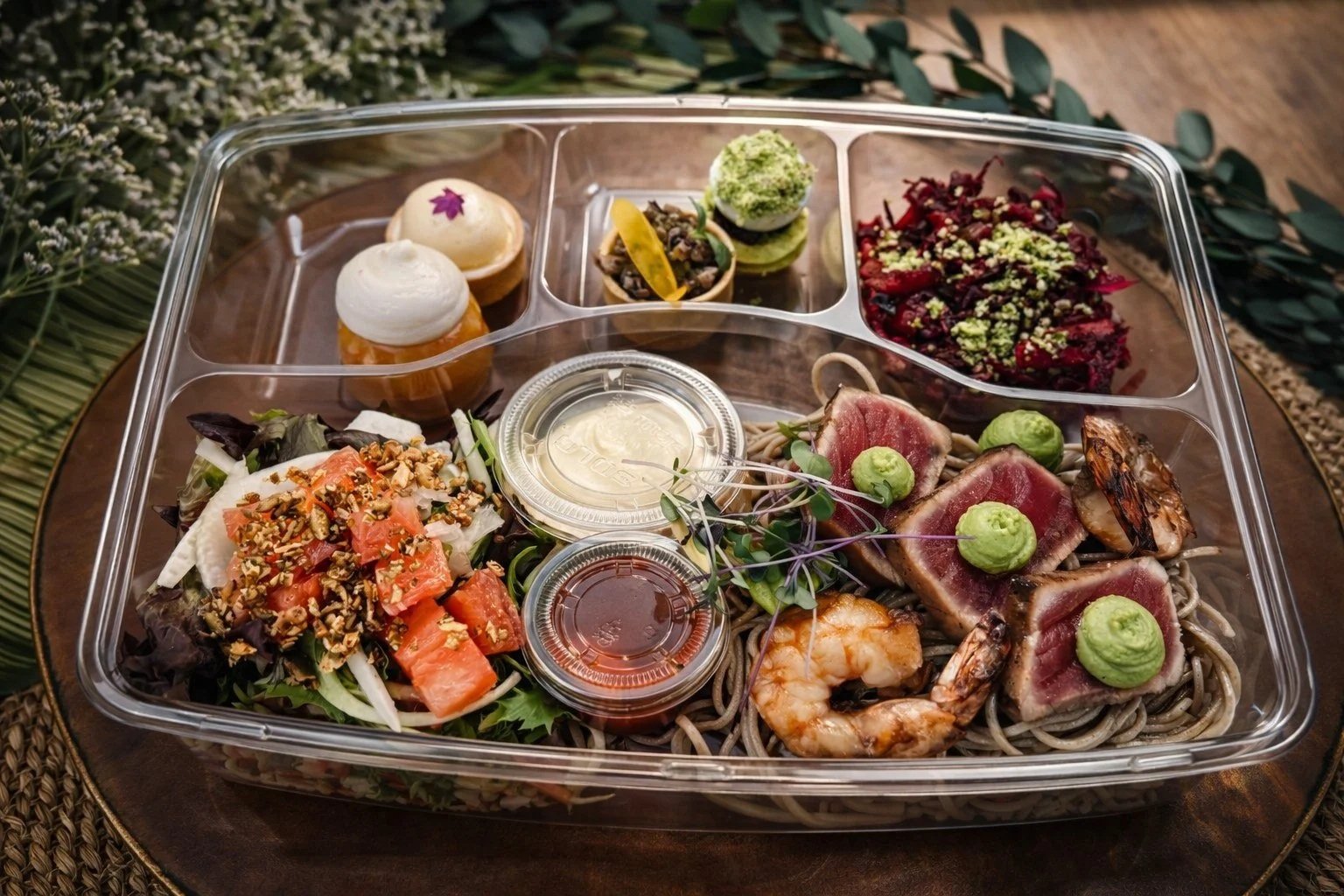 Assortiment de plats préparés dans une boîte en plastique, comprenant une salade, des sushis, des desserts, et diverses garnitures, avec des sauces à part.