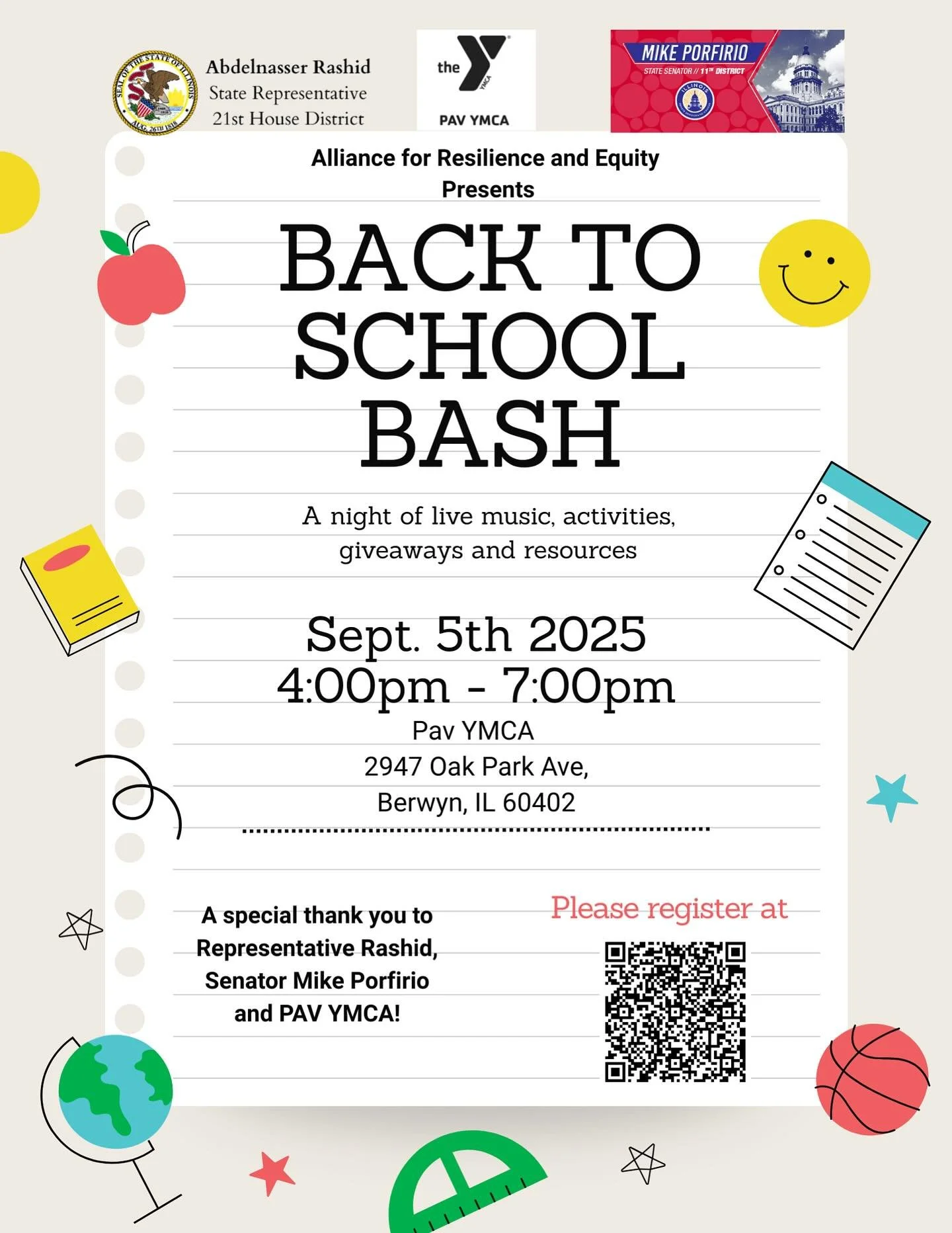 🎉 Back to School Bash! 🎉
📅 Friday, September 5th
🕓 4:00 PM &ndash; 7:00 PM
📍 Berwyn PAV YMCA

Join us for an afternoon full of fun and community! 🙌
✨ FREE pizza
✨ Live music
✨ Bouncy house
✨ Backpacks &amp; school supplies
✨ 20+ community organ