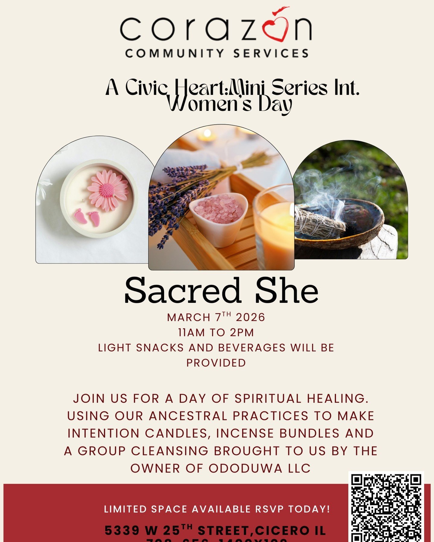 Civic Heart Mini Series Presents:
Sacred She
Join us for a day of spiritual healing. Using our ANCESTRAL practices to make intention candles, incense bundles and a group cleansing brought to us by the owner of Ododuwa LLC
Sagrada Ella
Acomp&aacute;&n