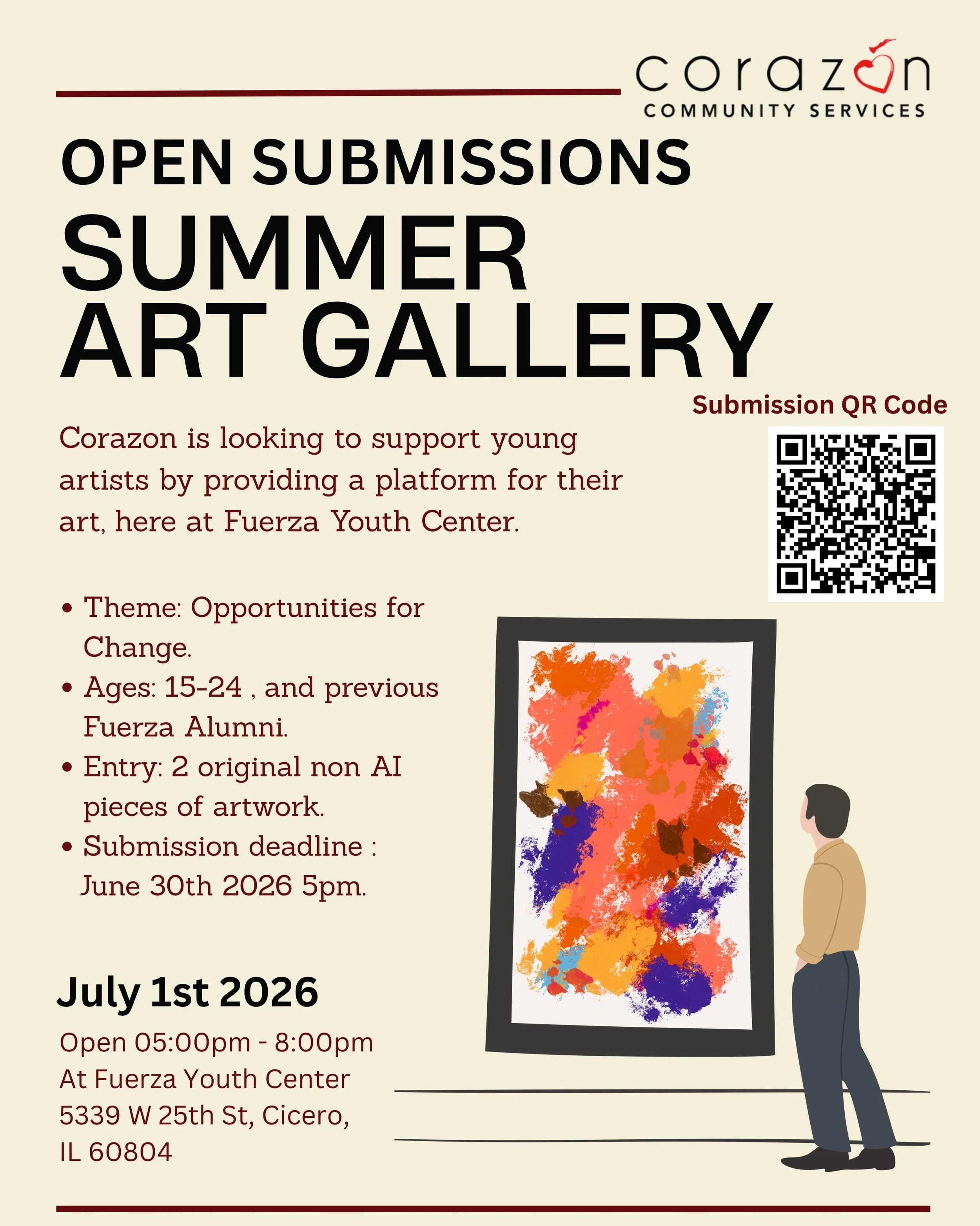 ATTN DATE CHANGE:
Our gallery will now be hosted on July 1st. More to come on what to expect! Free submissions and Free entry. Come out and support local youth.
