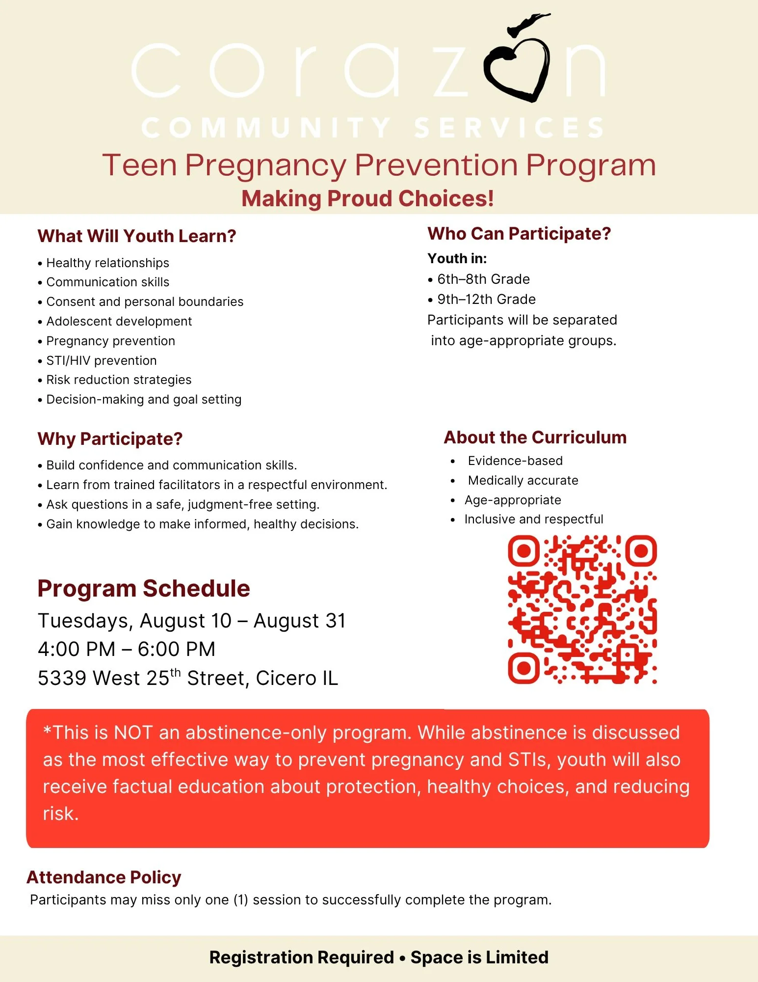 FREE Teen Pregnancy Prevention Program!
Registration is now open for Making Proud Choices!, a free, evidence-based sexual health education program for youth.
Age Groups:
&bull; 6th&ndash;8th Grade
&bull; 9th&ndash;12th Grade
Tuesdays August 10&ndash;