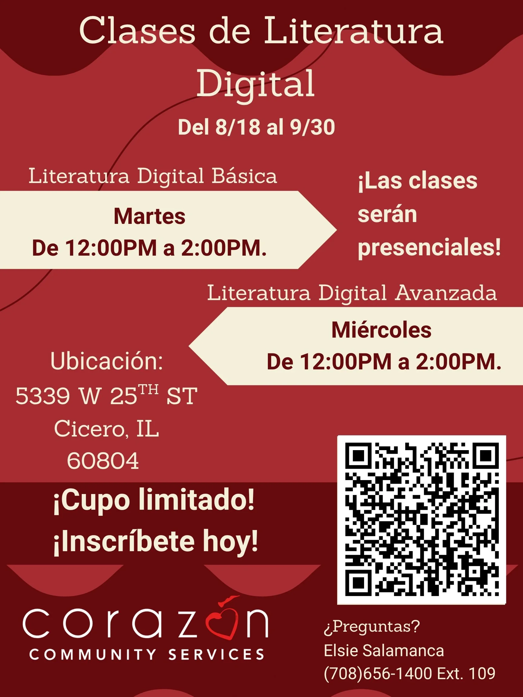 Desarrolla tus habilidades digitales con Coraz&oacute;n Community Services!

&iquest;Quieres sentirte m&aacute;s seguro usando una computadora, navegando por internet o aprendiendo programas esenciales? Nuestras clases de Literatura Digital est&aacut