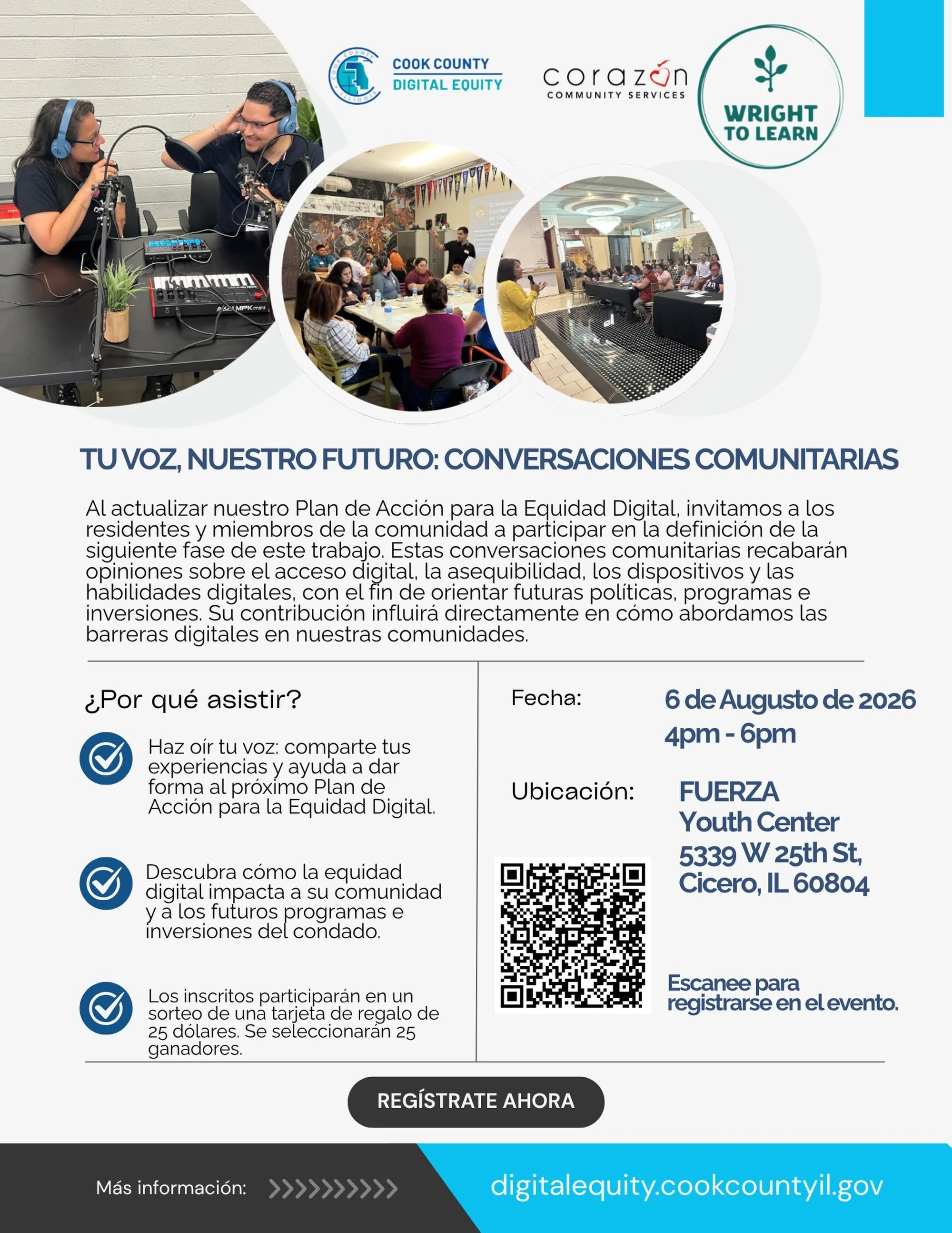 TUVOZ, NUESTRO FUTURO: CONVERSACIONES COMUNITARIAS
Al actualizar nuestro Plan de Acci&oacute;n para la Equidad Digital, invitamos a los residentes y miembros de la comunidad a participar en la definici&oacute;n de la siguiente fase de este trabajo. E