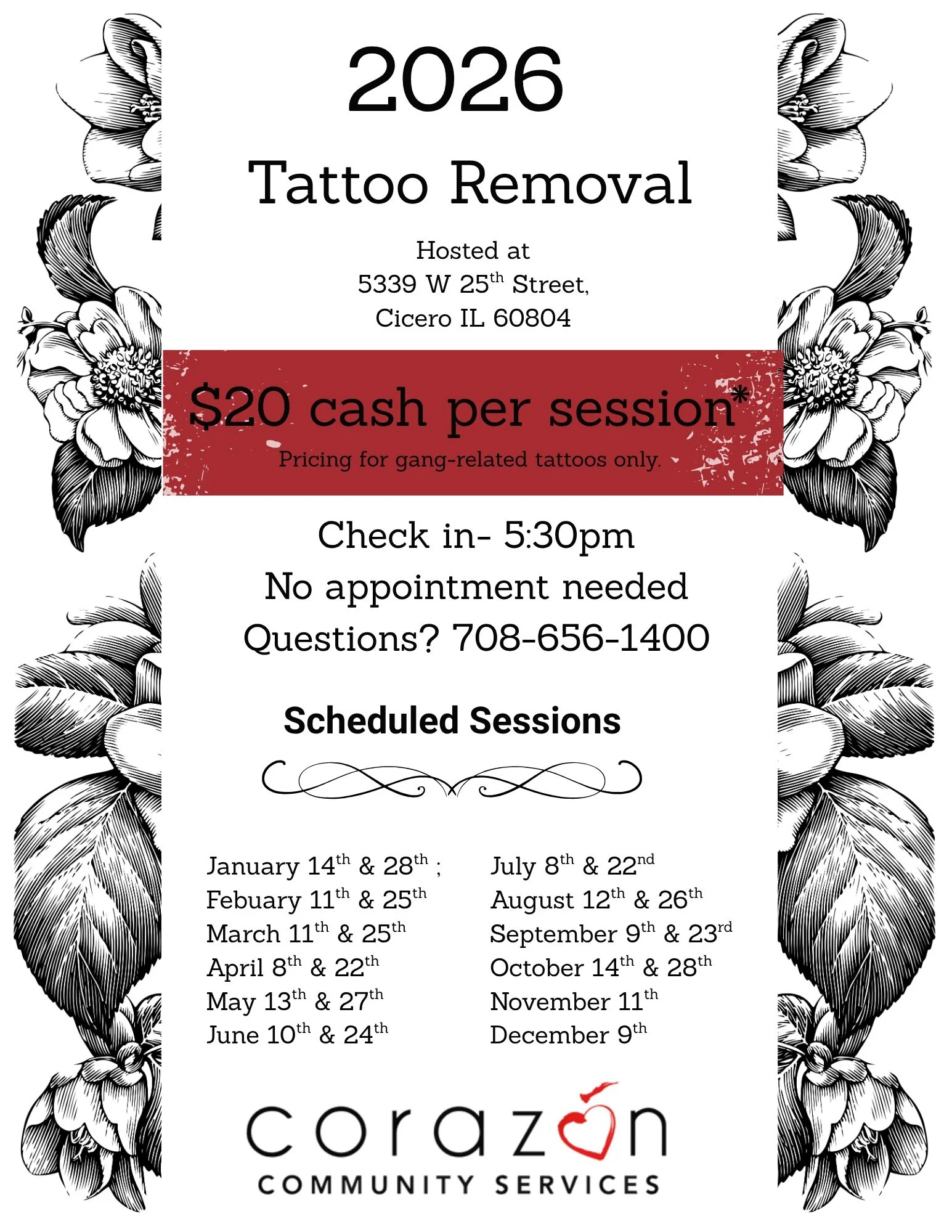 Don't forget to stop by for our Tattoo Removal dates! Every 2nd and 4th Wednesday of the month. Tattoos that are gang , violence or sex trafficking related are $20 per session. All other tattoos are priced on a sliding scale. Consultations are free. 