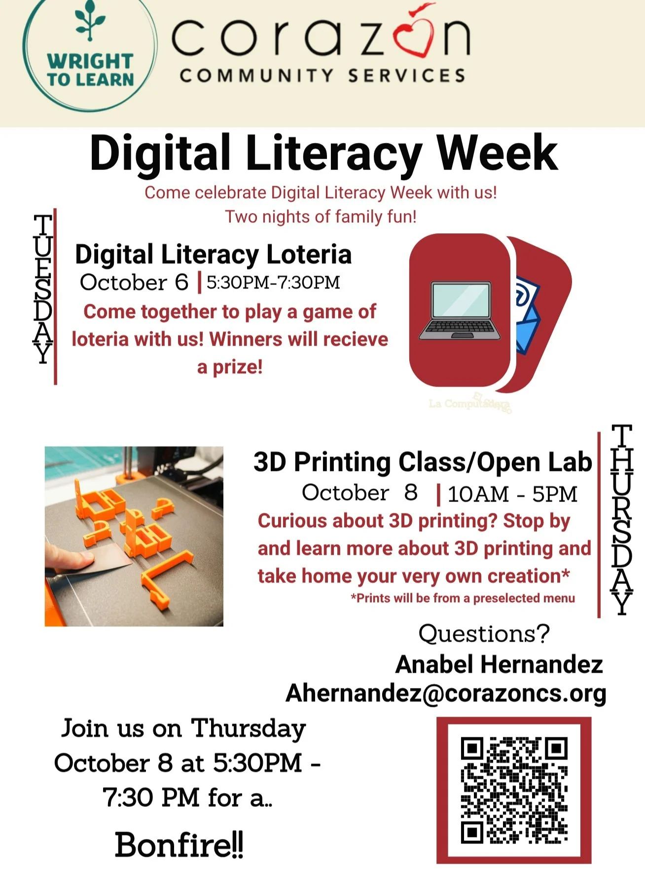 DIGITAL LITERACY WEEK IS COMING TO CORAZ&Oacute;N!

We&rsquo;re excited to partner with Cook County Digital Equity and Wright to Learn to bring our community two FREE events for Digital Literacy Week!

TUESDAY, OCTOBER 6 | LOTER&Iacute;A NIGHT
5:30&n