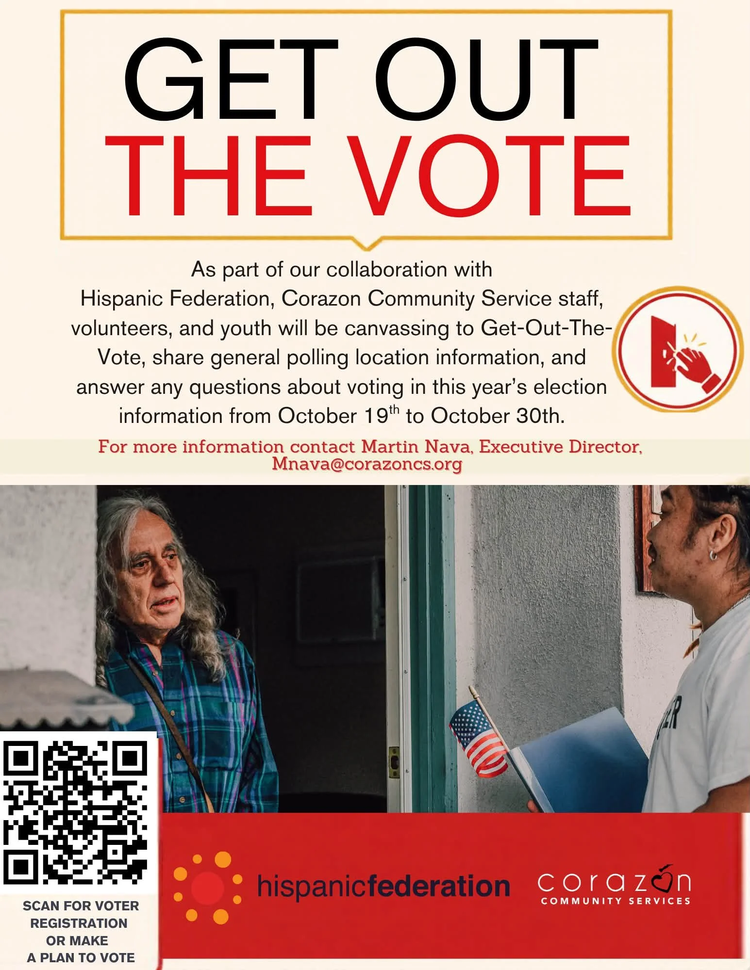 🗳️ Cicero, are you election ready?

Election Day is November 3rd!

From October 9th through October 30th, our Coraz&oacute;n staff will be out in the Cicero community going door-to-door as part of our Get-Out-The-Vote (GOTV) efforts!

Our team will 