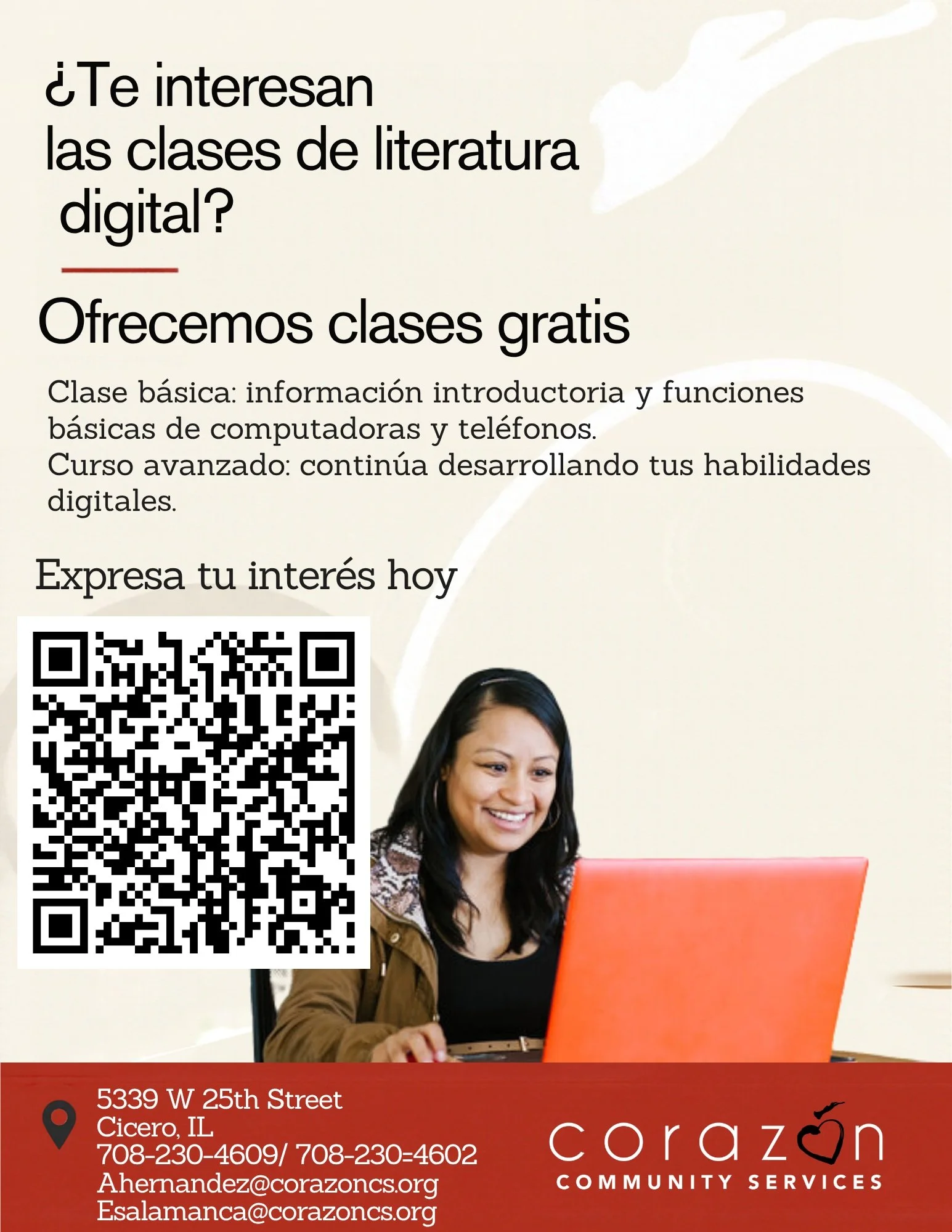 💻 Our Free Digital Literacy Classes Are Returning!

Coraz&oacute;n Community Services will once again be offering free digital literacy classes for community members interested in learning or improving their technology skills.

We will be offering b