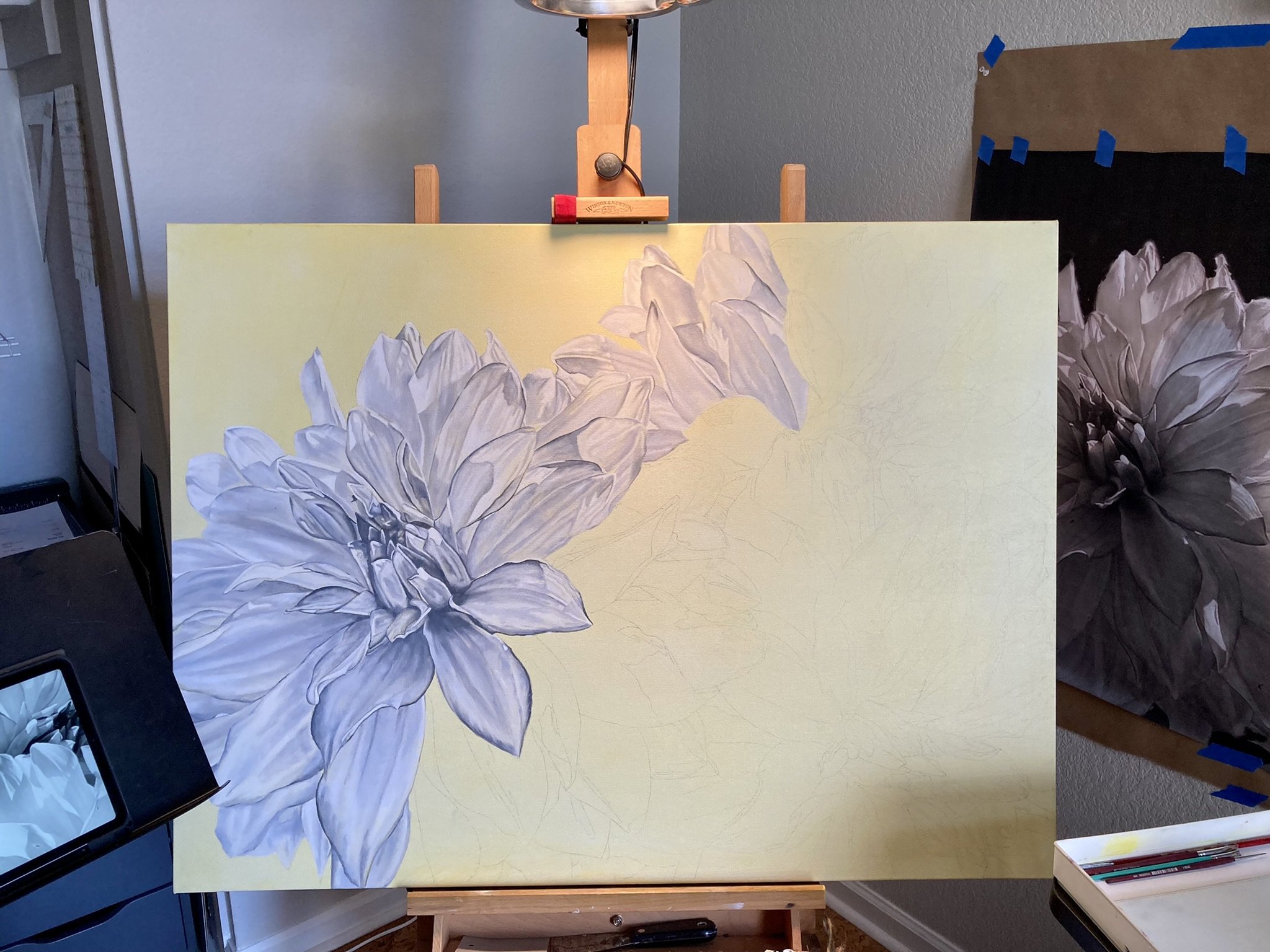 1. Draft the image onto gessoed panel or canvas. Cover the surface with a mix of Indian Yellow and Liquin as a toning layer (imprimatura). Other colors can be used for this toning layer to get other effects. The toning layer provides protection for t