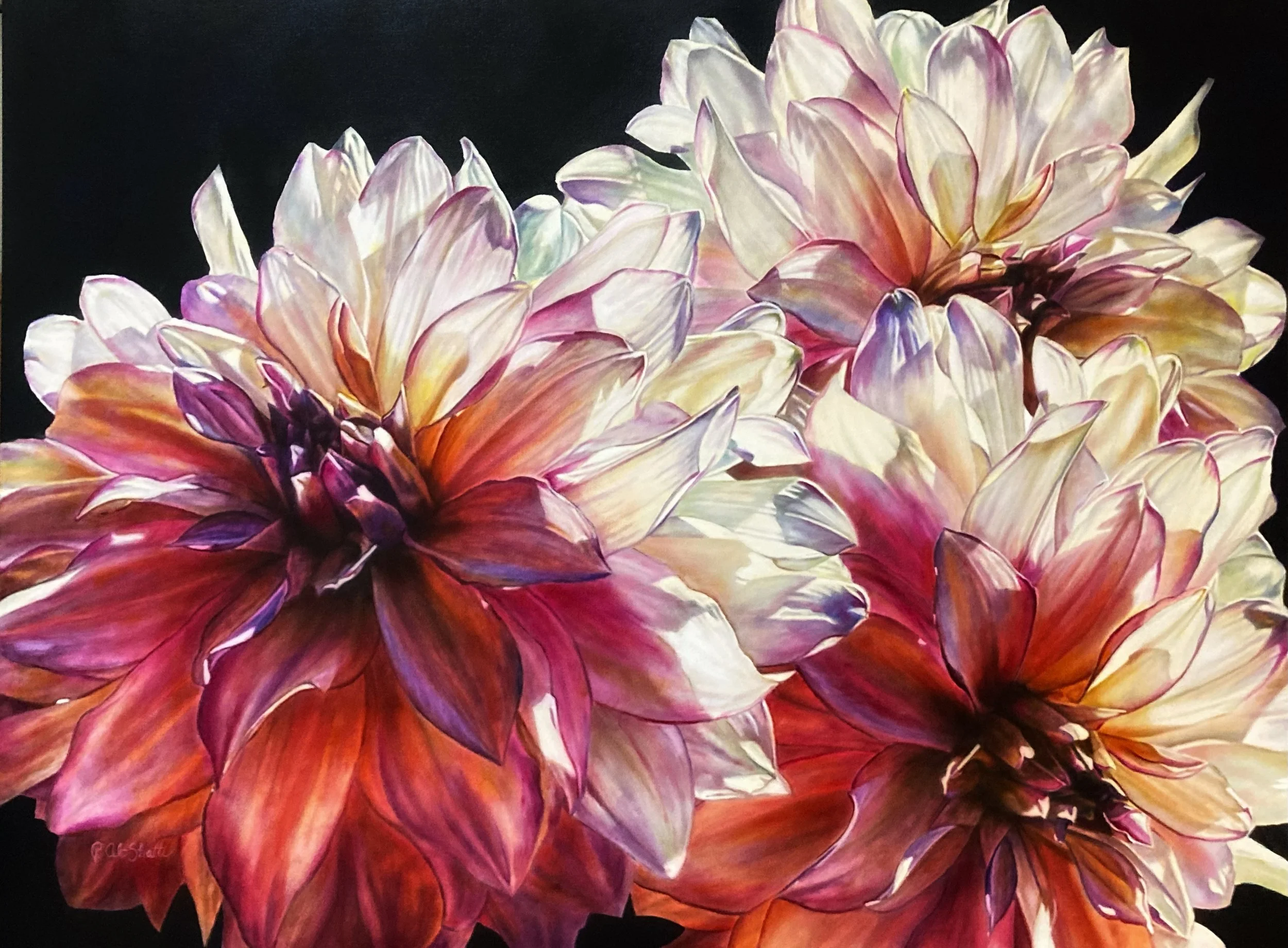 6.  In the final passes, deepen colors and add white higlights. Checks values against the reference image.