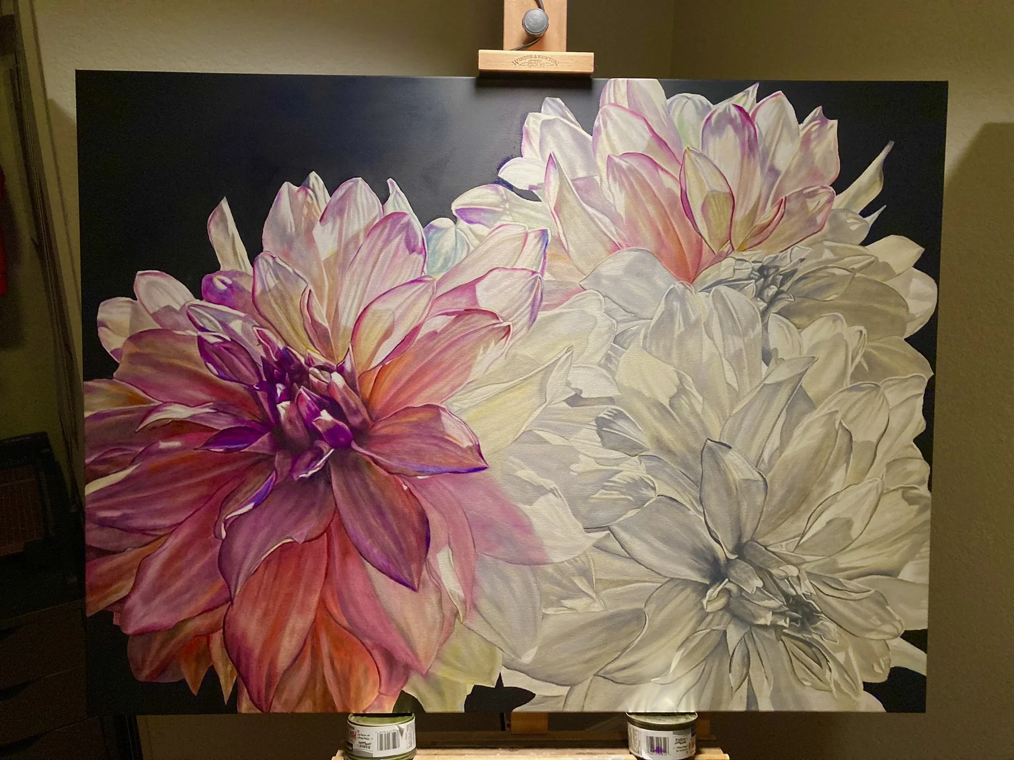 5.  Add color by painting successive passes of transparent paints. Never use opaque colors in this step. Paint color transparency is noted on the tube. This step builds luminescence into the work.