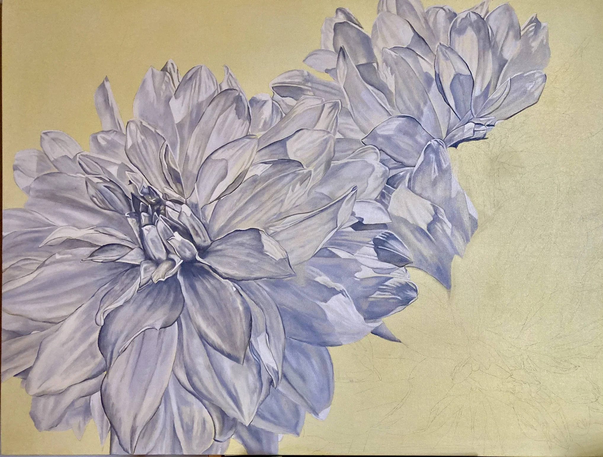 2.  Complete the underpainting in gray scale, using a mixture of Alizarin Crimson, Viridian, and Titanium White. Underpaintings can also be done in a pastel color palette (for a bright final work) or Burnt Umber (for an old world mellow and warm effe