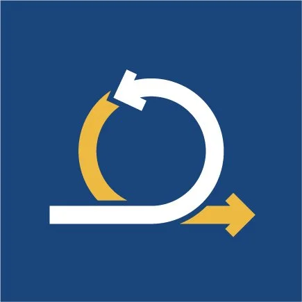 Circular arrow diagram with a yellow section and an arrow pointing to the right on a dark blue background.