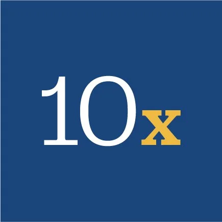 Blue square with white number 10 and a gold multiplication symbol.