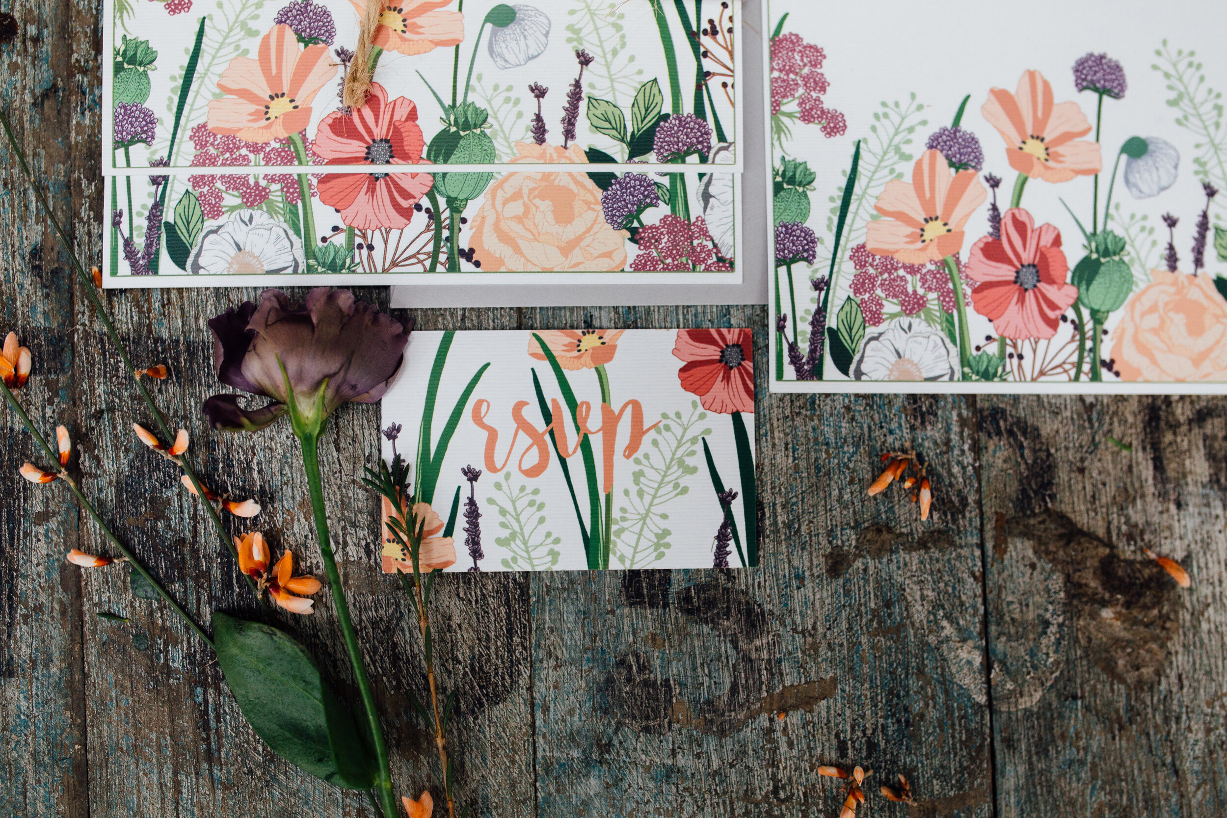 With coral peach RSVP letters surrounded by wild, natural botanical details, the Hedgerow collection is the perfect stationery suite for a Spring or Summer wedding when you’ll be surrounded by blooms and loved ones. Give your guests a hint at what to