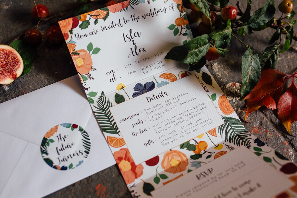 Bright and bold tri-fold floral wedding invitations
