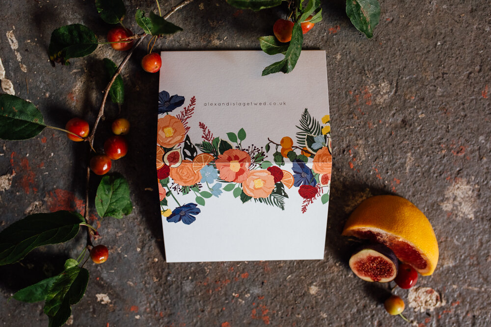Fruity Floral Boho Wedding Invitations with Printed Envelopes