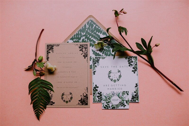Botanical wedding invitations for a colour block styled wedding shoot in Sheffield, South Yorkshire