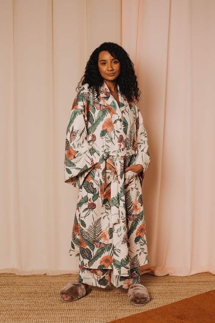 Made to order nude botanical robe with quilted fabric