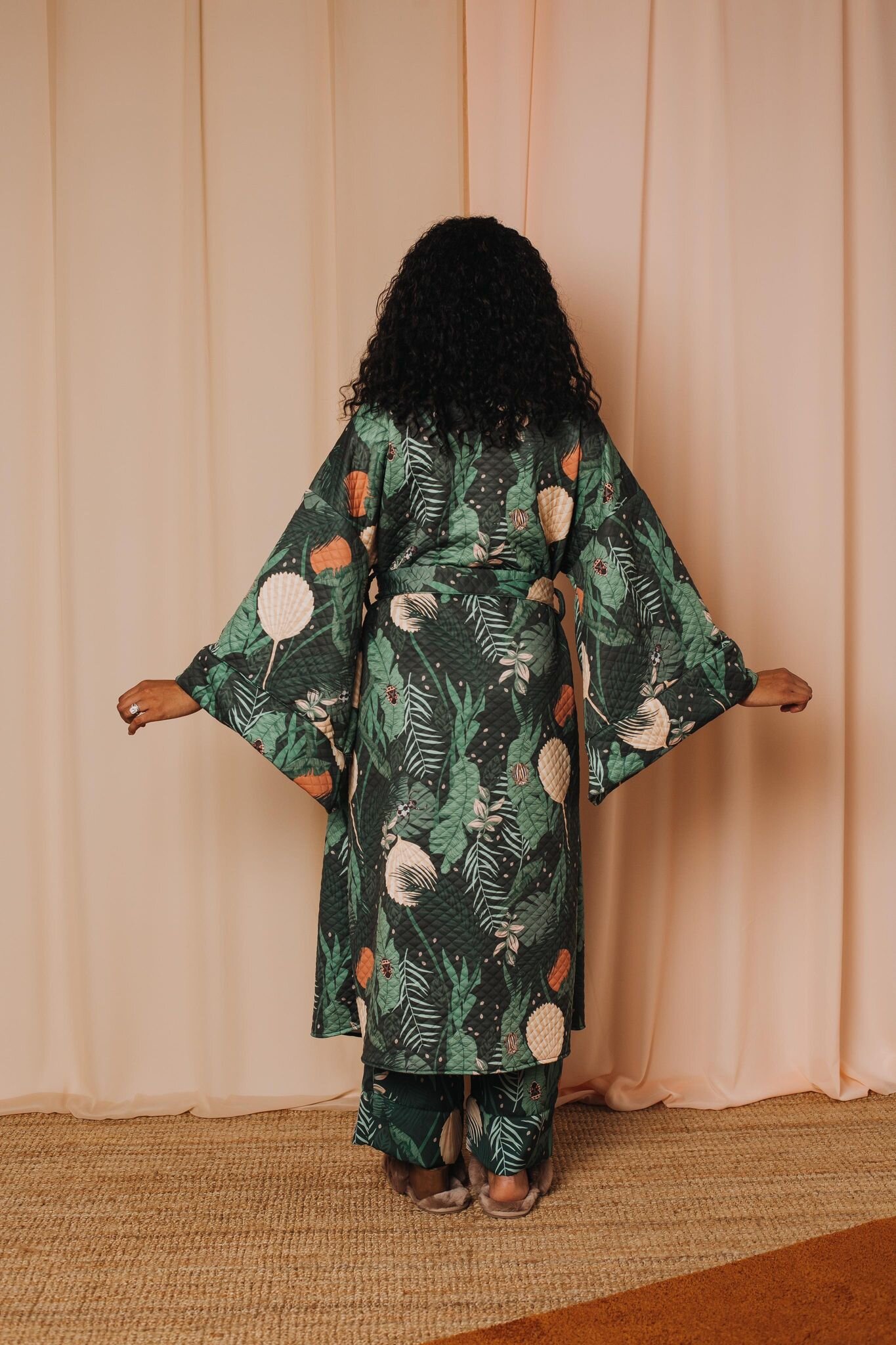 Luxury green jungle print dressing gown, made to order in the UK