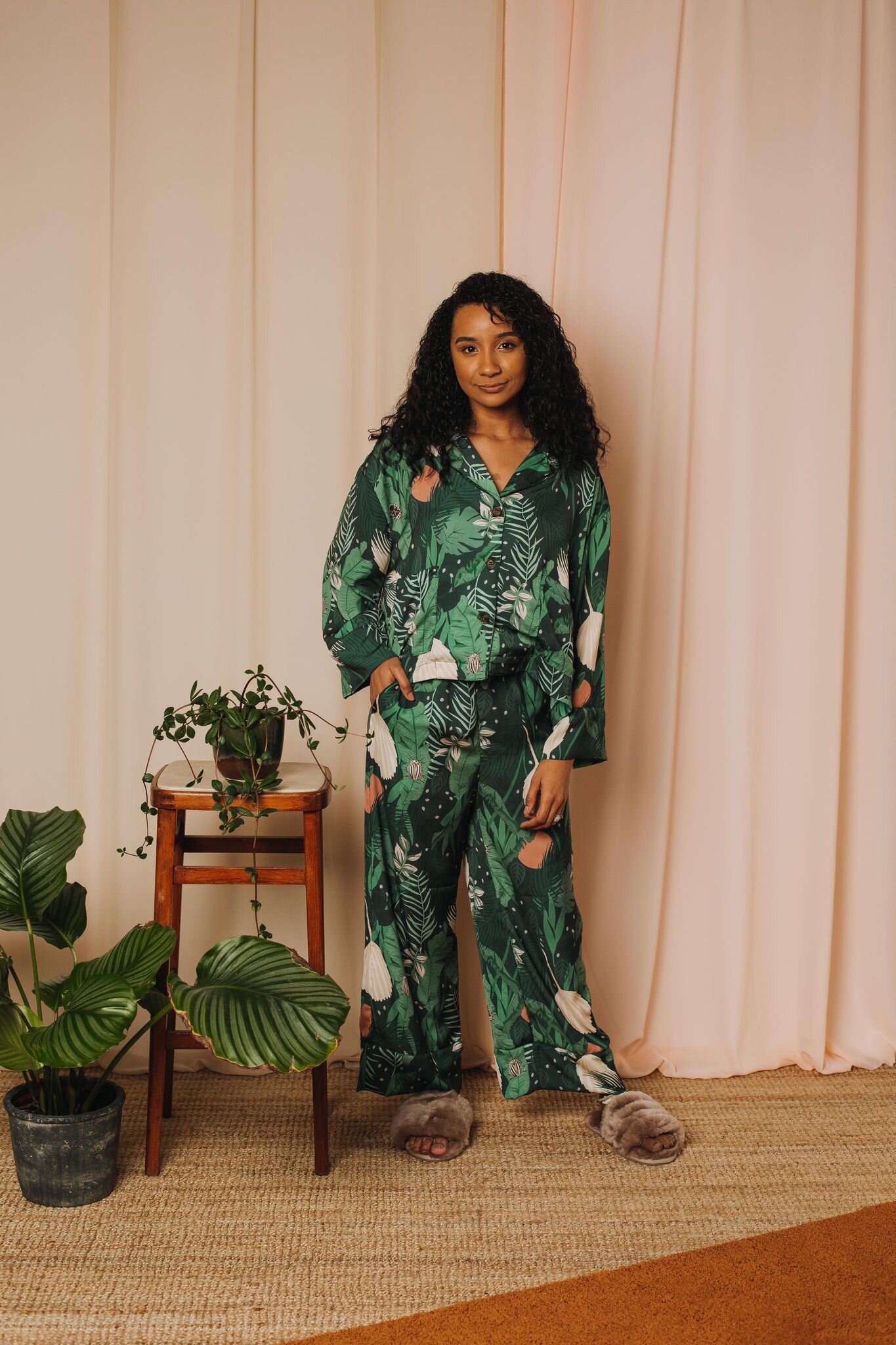 Shop the Kauf x Wildwood collection with green luxury pyjamas