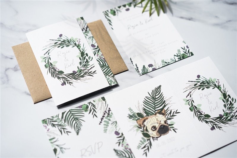 Bespoke Wildwood Paper wedding invitation suite featuring Percy the pug