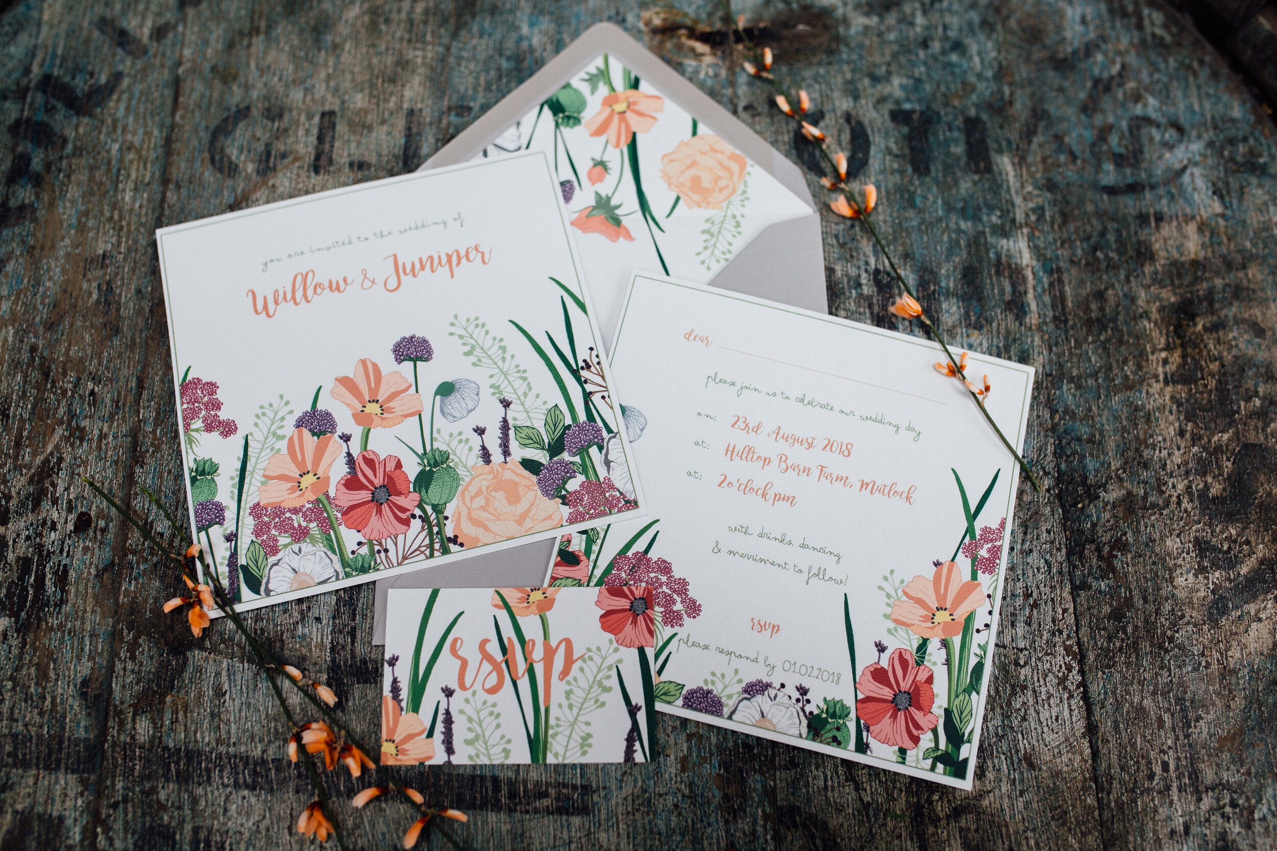 Ready to order, wild flower wedding invitations with luxury dove grey square envelopes, floral liners, RSVP’s and details cards. Botanical illustrations for a Spring or Summer wedding, with a light coral typeface.