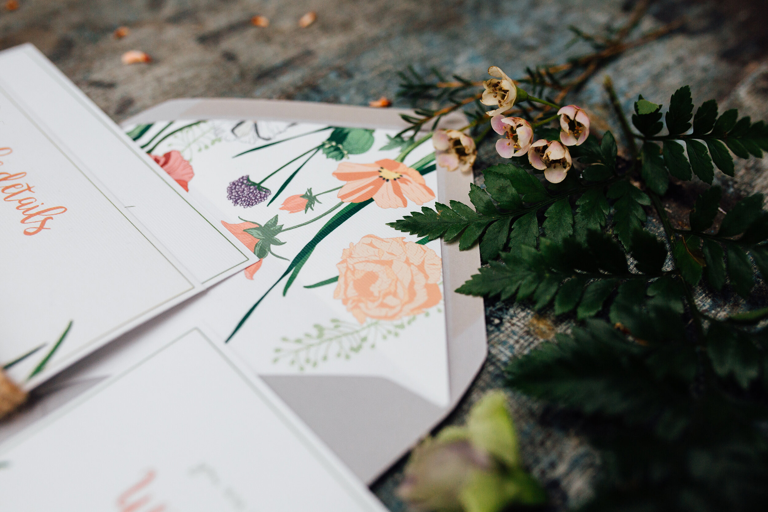 Boho, rustic, wedding invitations with wild flower illustrations featuring throughout. Hedgerow has invites with luxury envelope liners ready to order for your Spring wedding.